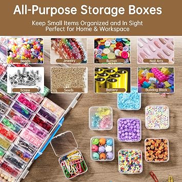Bead Organizer Box with Handle, 61Pcs Small Bead Storage Boxes with Hinged Lid and Portable Craft Case, Mini Clear Plastic Container for Jewelry Making Supplies Bracelet Screws Seeds Nails Small Parts