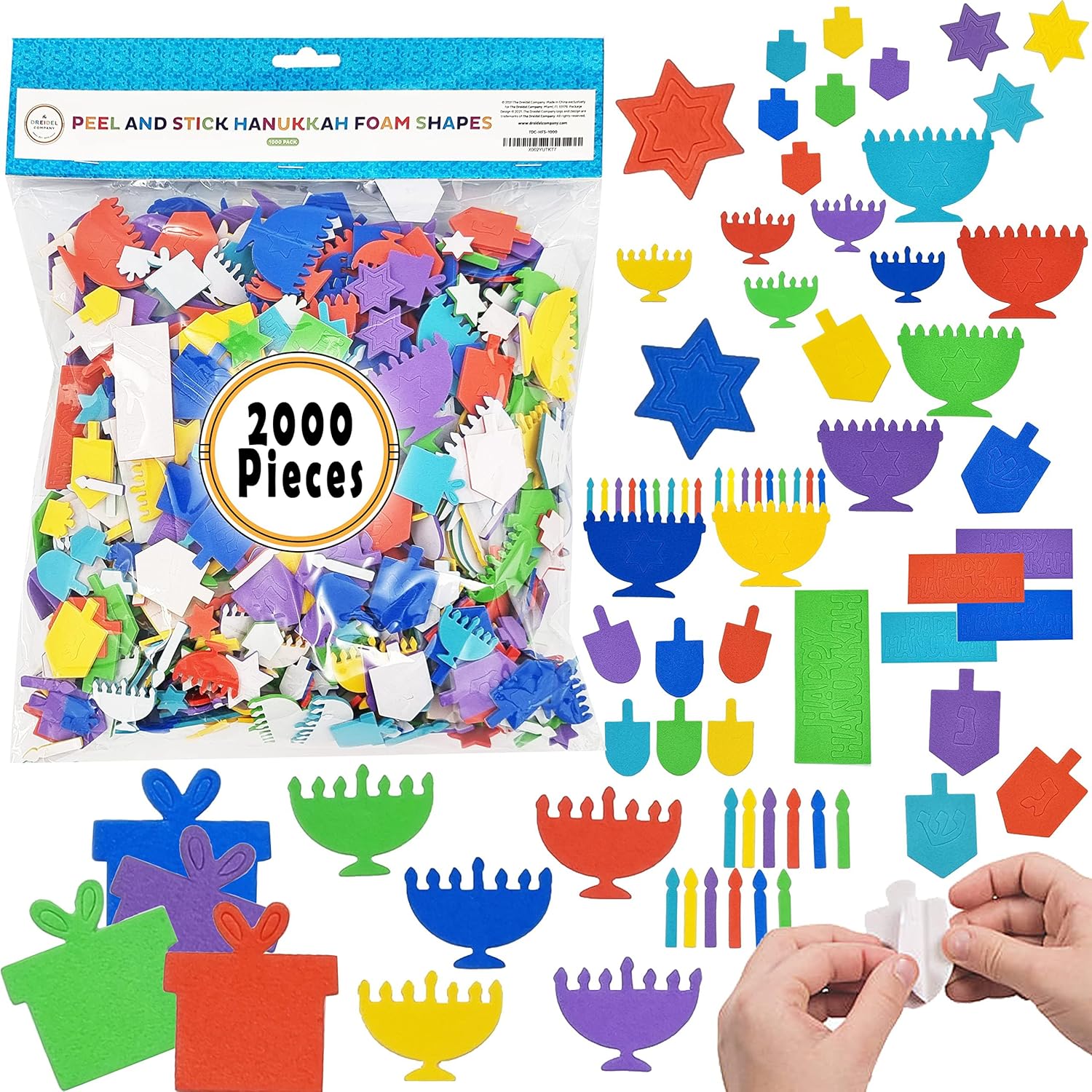 The Dreidel Company 2000-Pieces Hanukkah Foam Stickers Peel & Stick Chanuka Foam Menorah and Dreidel Shapes Self Adhesive Felt Shape for Kids Crafts Mini Arts