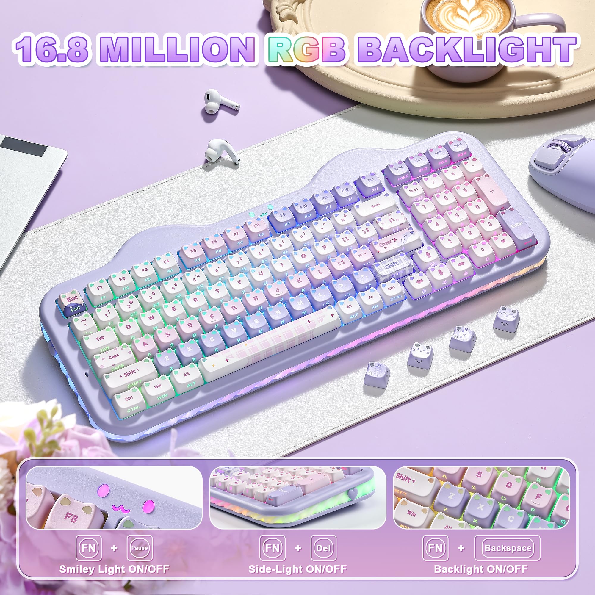 YUNZII C98 Teclado Mecánico Inalámbrico con Teclado Numérico, Teclas Mao Transparentes, 98 Teclas BT5.0/2.4G/USB-C, Montaje Gasket, RGB Personalizable, US-QWERTY Layout (Purple, Candy-Linear)