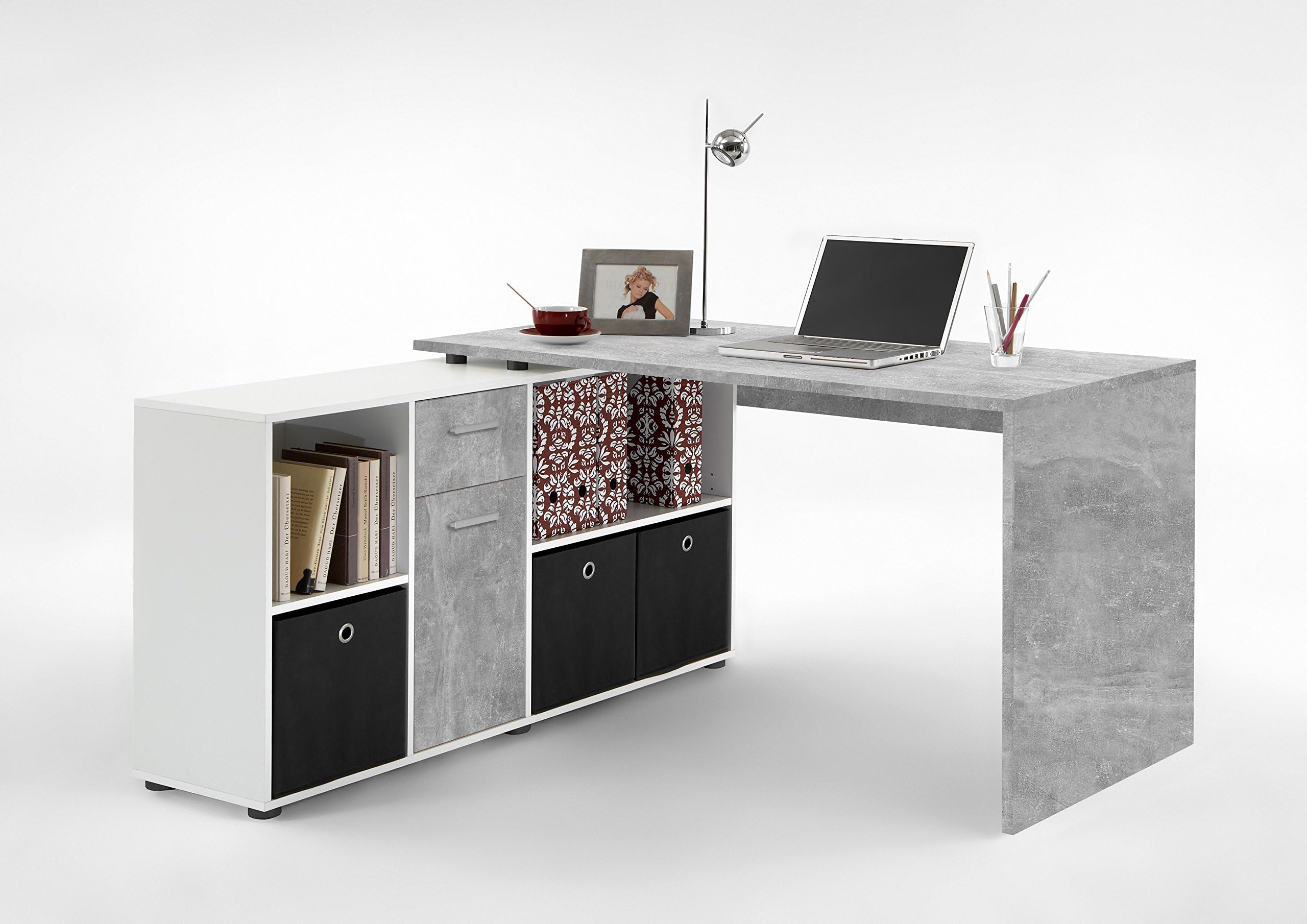 Slumberhaus 'Luxor' Large Corner Combination Office White & Concrete Computer Desk Work Station