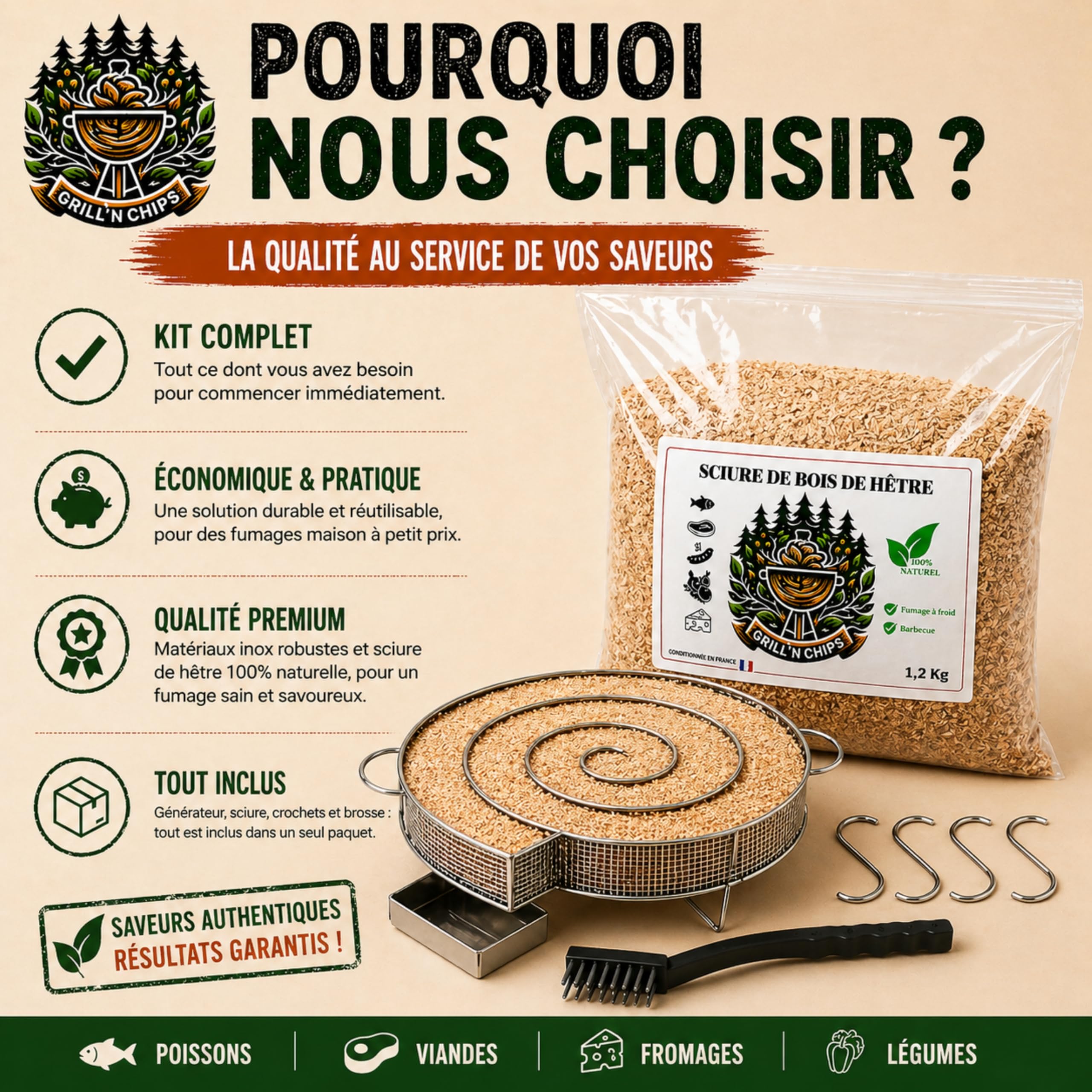 Générateur/Serpentin de Fumée Froide pour Fumoir Viande et Poisson + 1.2kg de Sciure de bois de hêtre + 4 crochets et 1 Brosse de nettoyage - Guide Numérique PDF à Télécharger (Offert)