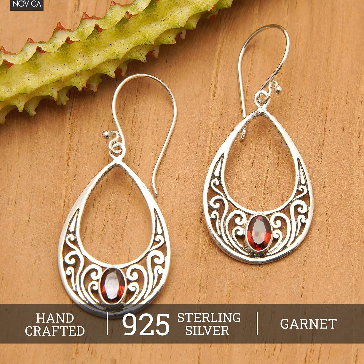 NOVICA Artisan Crafted Sterling Silver Garnet Spiral Dangle Earrings | Fishhook French Wire | High Polish Finish | Red Birthstone | Nickel Free | Indonesia 'Elegant Tears' | 1.7" H x 0.7" W x 0.1" D