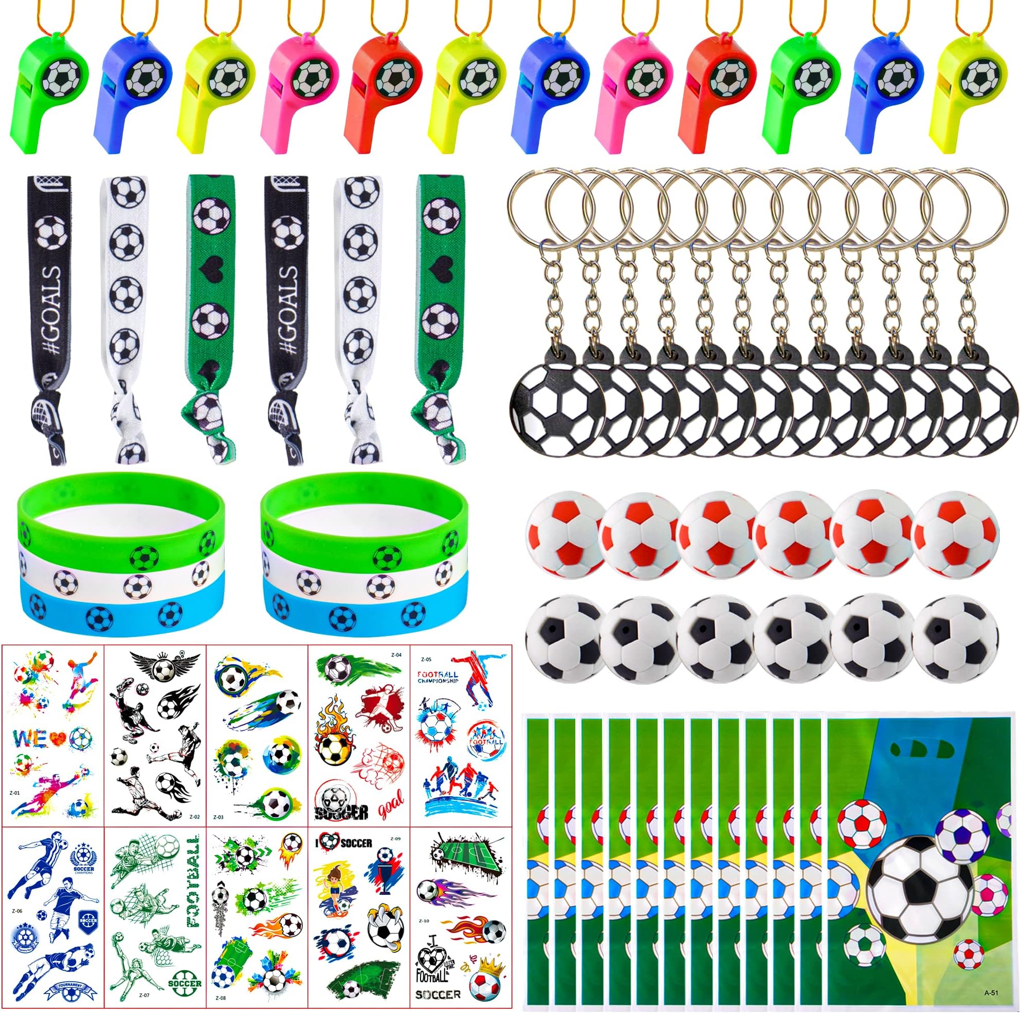 Soccer Party Favors Supplies Set With 80PCS Soccer Theme Birthday Party Decorations Gift Toy Stickers Eraser Silicone Wristbands Soccer Ball Keychains Whistle Prefect for Football Party Gifts Bags