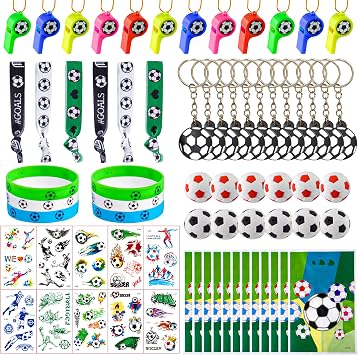 Soccer Party Favors Supplies Set With 80PCS Soccer Theme Birthday Party Decorations Gift Toy Stickers Eraser Silicone Wristbands Soccer Ball Keychains Whistle Prefect for Football Party Gifts Bags