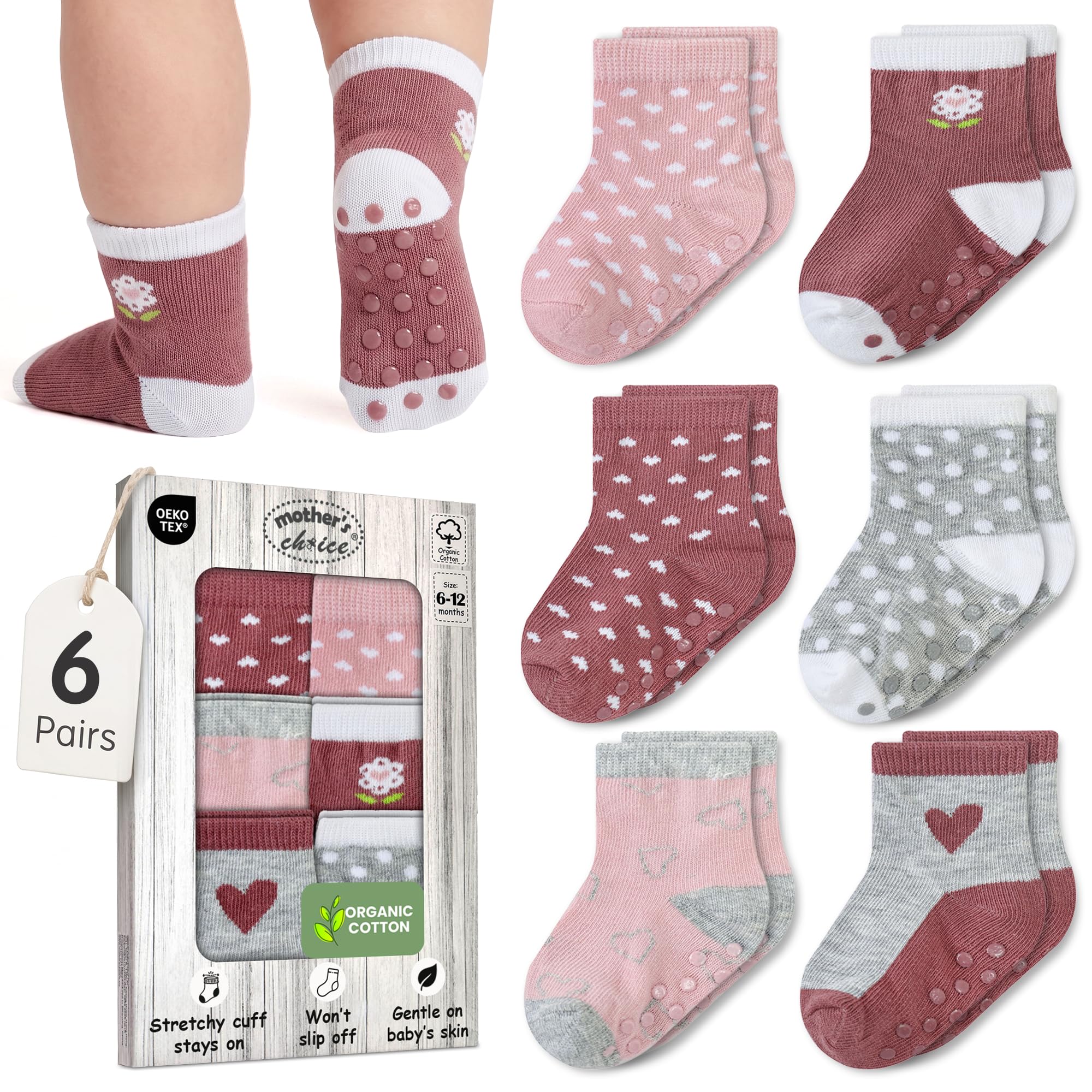 Organic Cotton Blend 6 Pack Baby Socks Unisex 6-12 M Gift Registry | Oeko-Tex Certified, Ankle Socks, 6 Pairs, Organic Cotton Baby Socks, Baby Slipper Socks, Pink & Gray, Unisex Design, 6-12 6-12 Months Pink & Gray