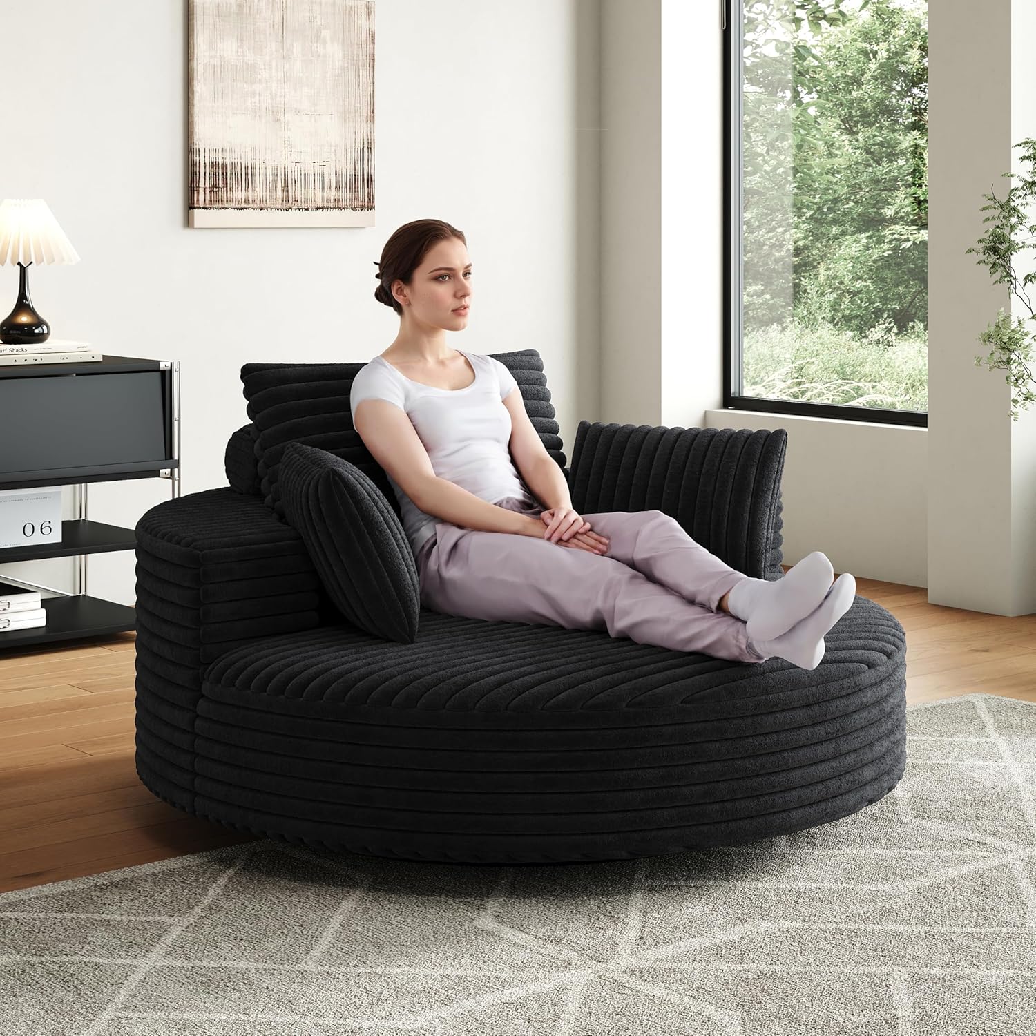KEIKI 55" Oversized 360 Degree Swivel Chair, Large Barrel Chairs Upholstered Round Swivel Chair, Corduroy Single Sofa Armchair, Sleeper Chair for Living Room, Lounge, Black