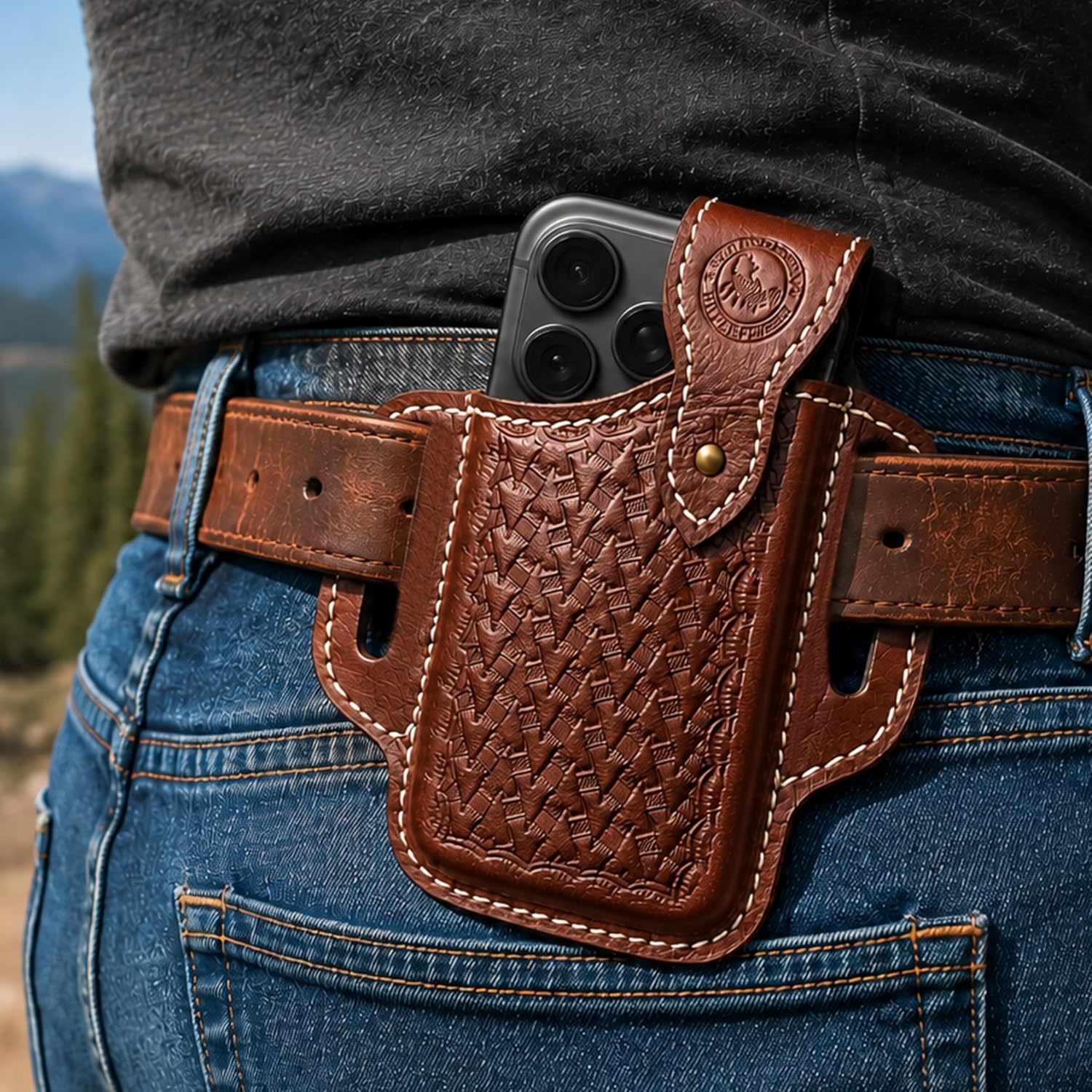 Universal Leather Phone Holster for iPhone 17/16/15/14/13 Pro Max & Plus - Belt Clip Cell Phone Case for Galaxy S25/S24/S23 Ultra & Plus - Leather Belt Holder Pouch for Men