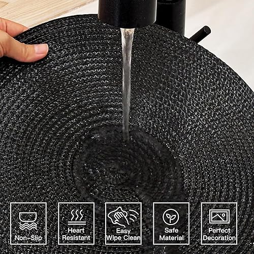 Miniatura 5 de Feuille Juego de 4 manteles individuales redondos trenzados para mesa de comedor, tejidos, lavables, antideslizantes, 13.5 pulgadas (negro, 4 piezas)