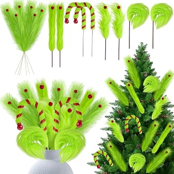 RunNico 14 Pcs Christmas Tree Furry Picks, Assorted Lime Green Curly Picks, Christmas Tree Topper Stem Ornaments for Xmas Party Wreath Vase Filler Branches Decoration Craft Supplies
