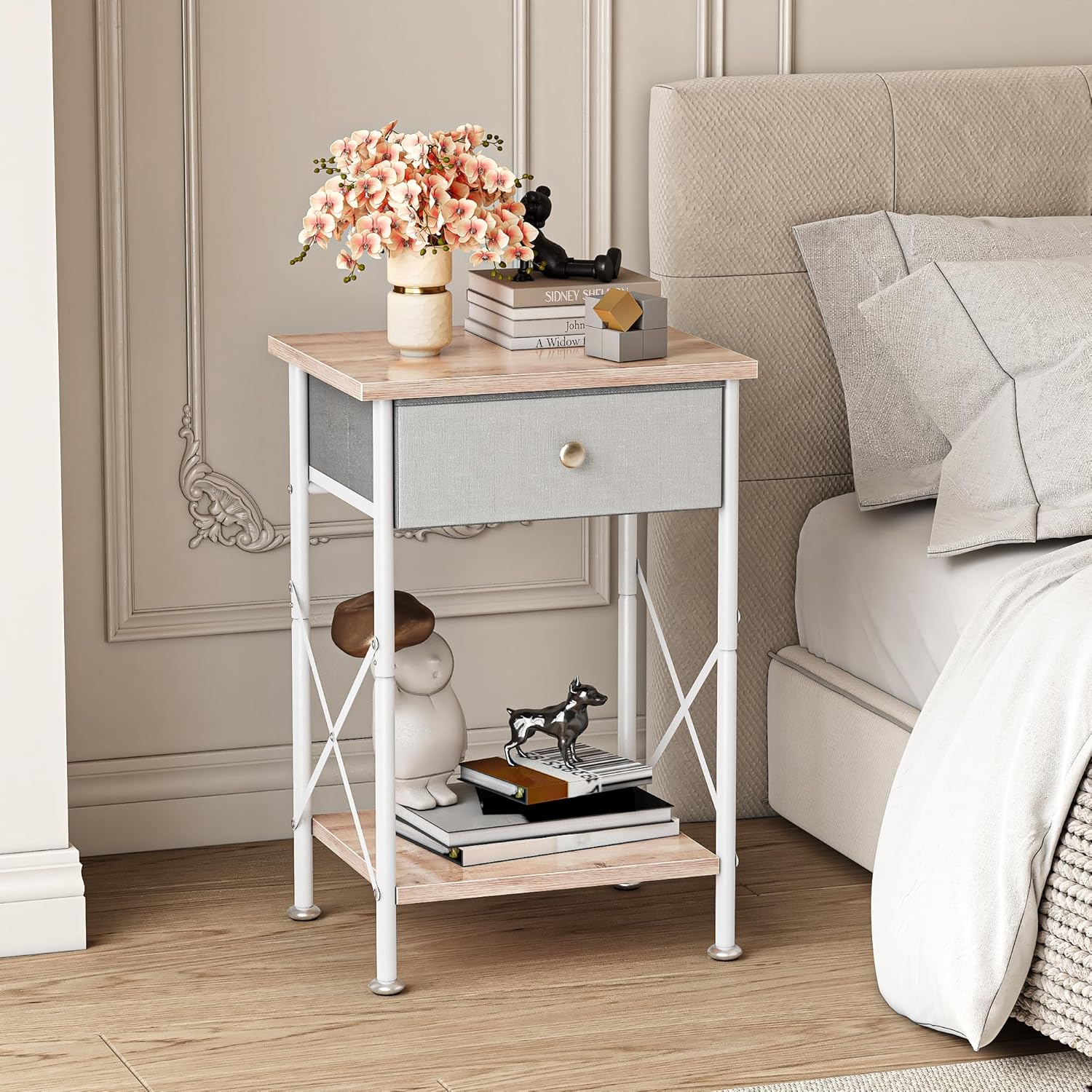 VECELO End Tables, Modern Nightstands with Drawer & Open Shelf, Side Table for Bedroom Living Room, Industrial Metal Frame, Easy Assembly, Grey,1 Pack