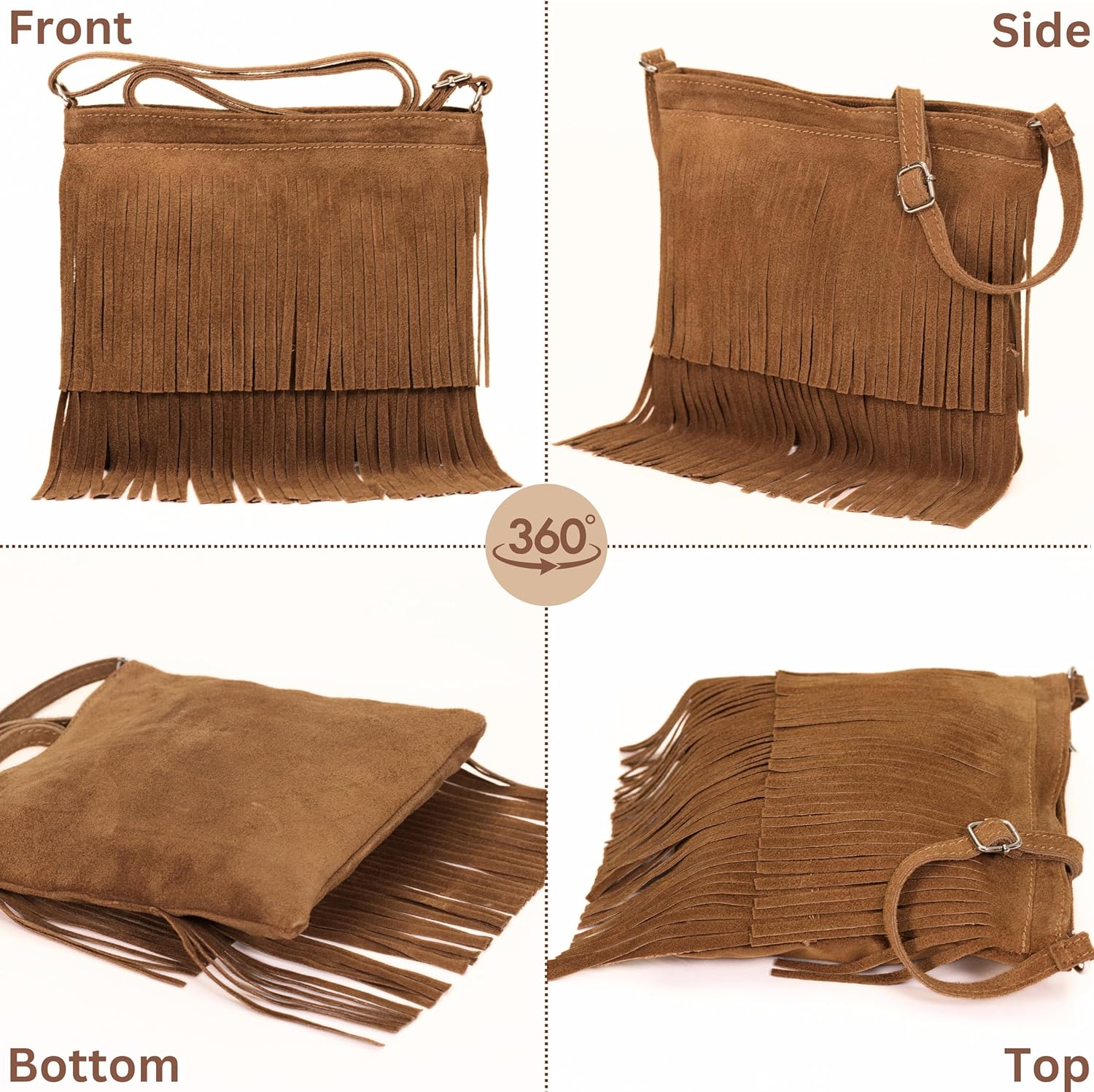 LiaTalia Womens Fringe Handbag - Real Italian Suede Leather - Tassle Effect Shoulder Bag in Small Size - Robin