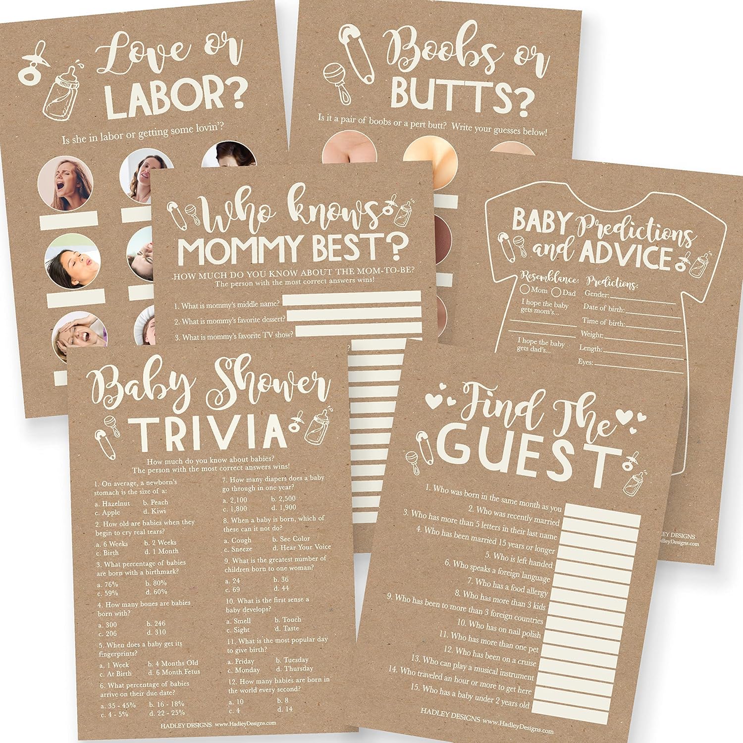 Hadley Designs - 25 Rustic Trivia Game, 25 Find The Guest Game, 25 Love Or Labor Game, 25 Boobs Or Baby Butts, 25 Who Knows Mommy Best - 6 Double Sided Cards Baby Shower Ideas