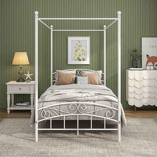Miniatura 3 de JURMERRY Base de cama con dosel de metal, base de colchón con cabecera y estribo, estructura de listones resistente, no necesita somier, fácil