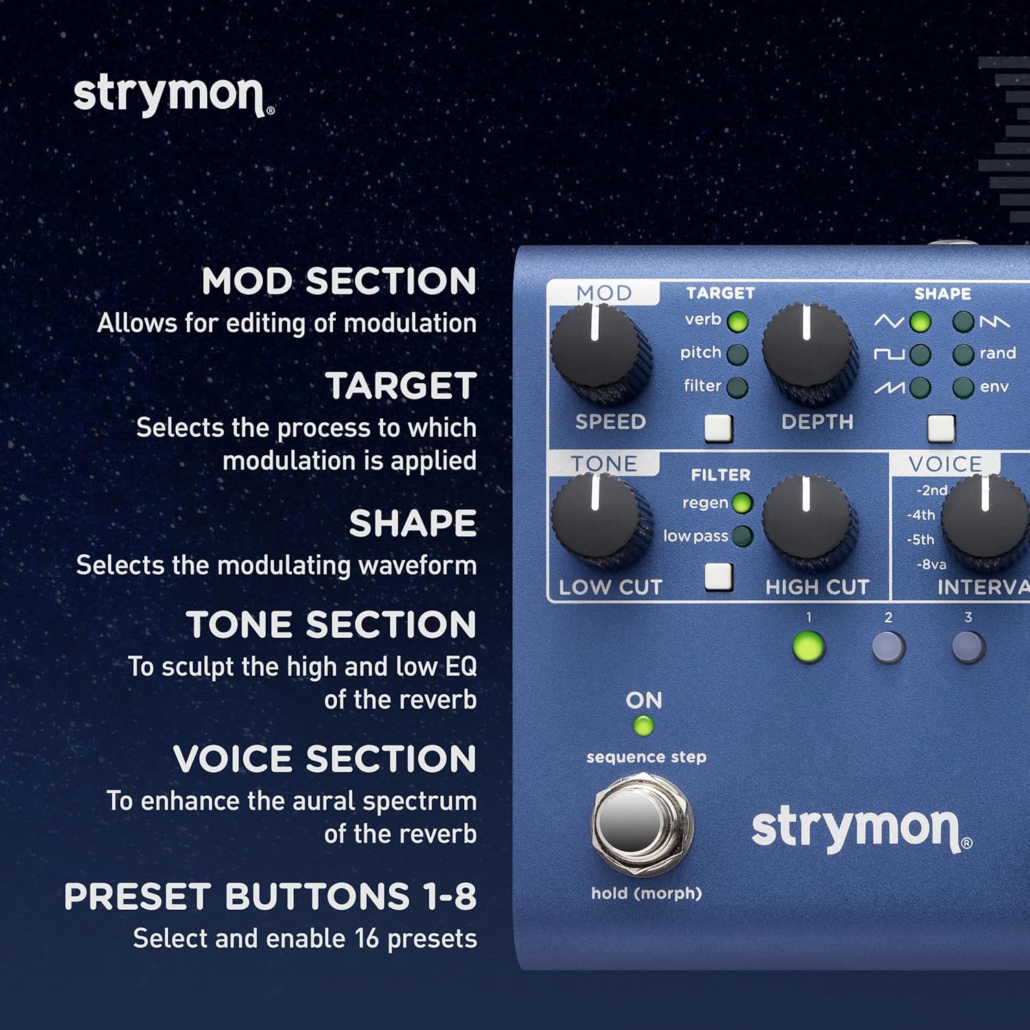 Close-up of the Strymon NightSky pedal's Mod, Tone, Voice, and Preset sections.