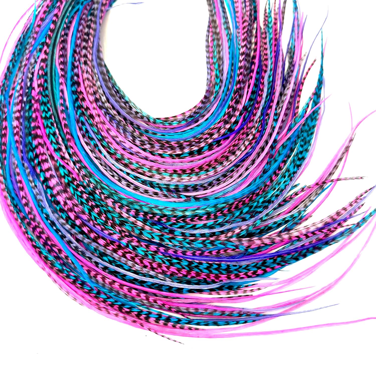 50 Purple Pink & Turquoise Color Hair Feathers - 9”- 14” Long - Feathers for Hair Extension, Hair Extension DIY Kit - Eye-Catching Design - 50 Micro-link Beads - 100% Real Rooster Feathers