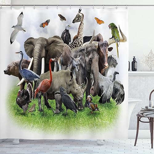 Ambesonne Cortina de ducha de animales, imágenes digitales estilo collage imagen de criaturas salvajes de fauna zoológica, arte de tela de tela para