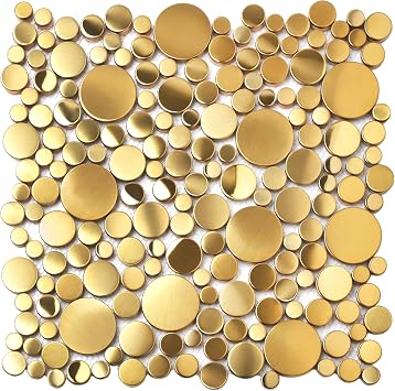 Blujellyfish Gold Tile for Kitchen Backsplash Wall Penny Round Bubble Tiles for Bathroom Shower Floor Box of 5 Sheets