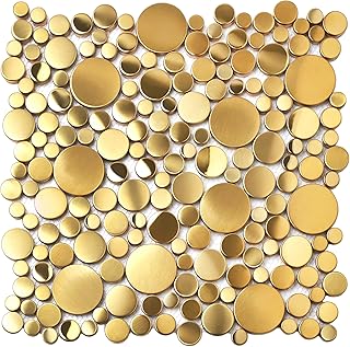 Blujellyfish Gold Tile for Kitchen Backsplash Wall Penny Round Bubble Tiles for Bathroom Shower Floor (Box of 5 Sheets)
