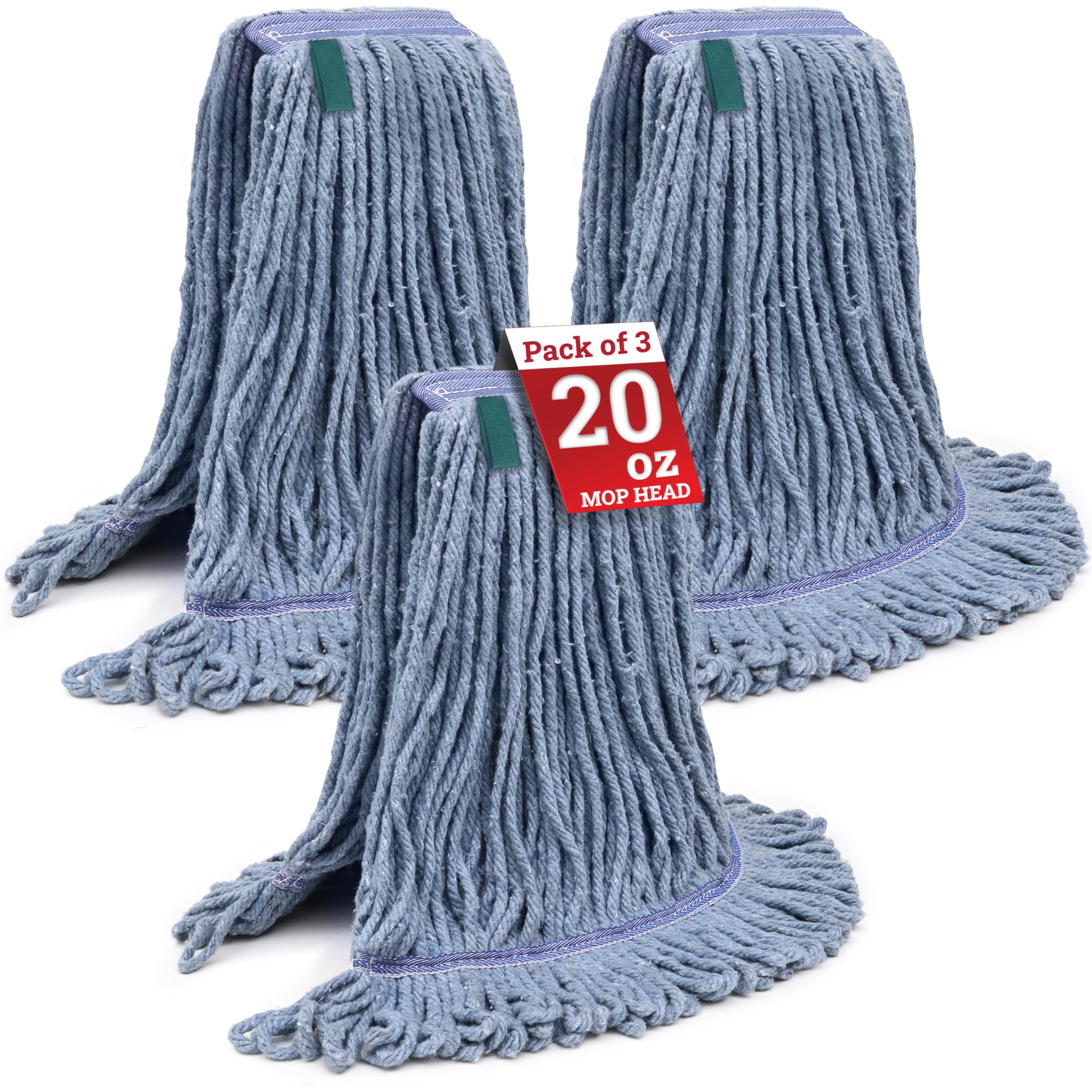 KLEEN HANDLER Blended Loop End Heavy Duty Mop Head Replacement, Wet Mop Refills for Commercial and Household Floor Cleaning, Blue, 20 Oz (3-Pack)