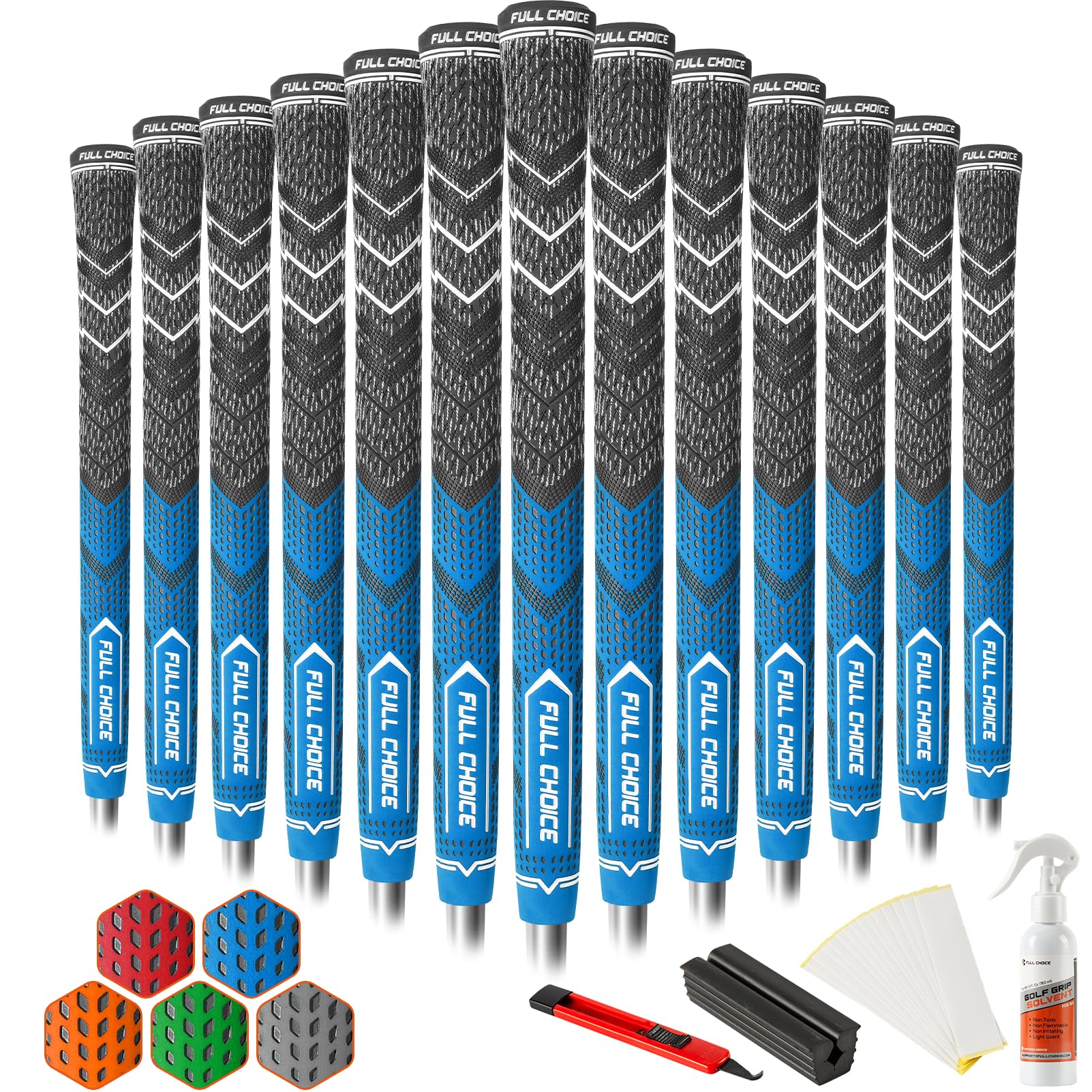 Full Choice Cross Corded Golf Grips 13 Pack with All Kits, Low Taper Design, 3 Sizes 4 Colors Options, Multi-compound Hybrid Golf Club Grips, CG01 Series, Blue, Midsize