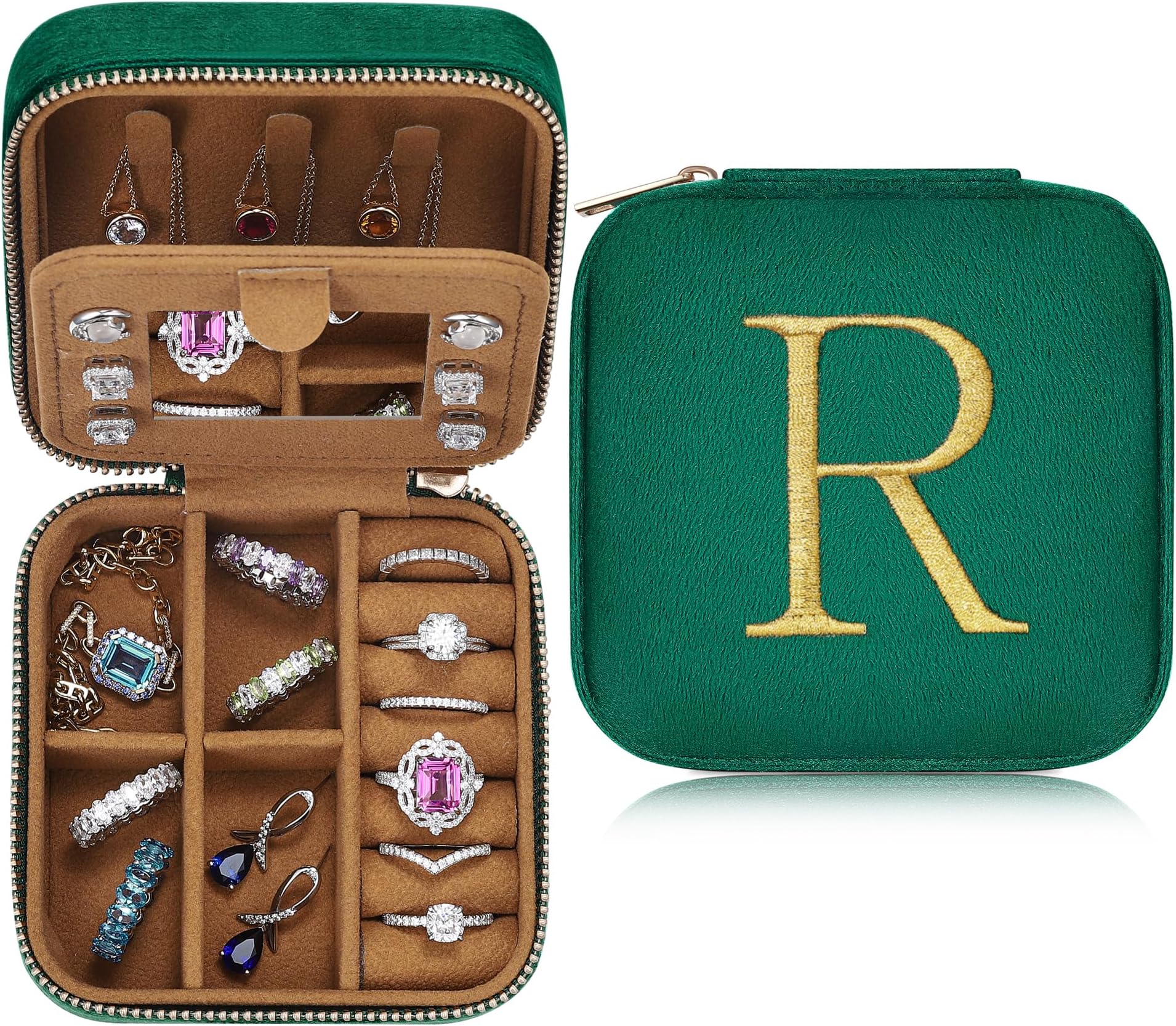 Parima Retirement Gifts for Women - Retirement Gifts for Women 2024, Happy Retirement Party Gifts, Plush Velvet Emerald-Green Travel Jewelry Case Jewelry Box - Letter R, Green