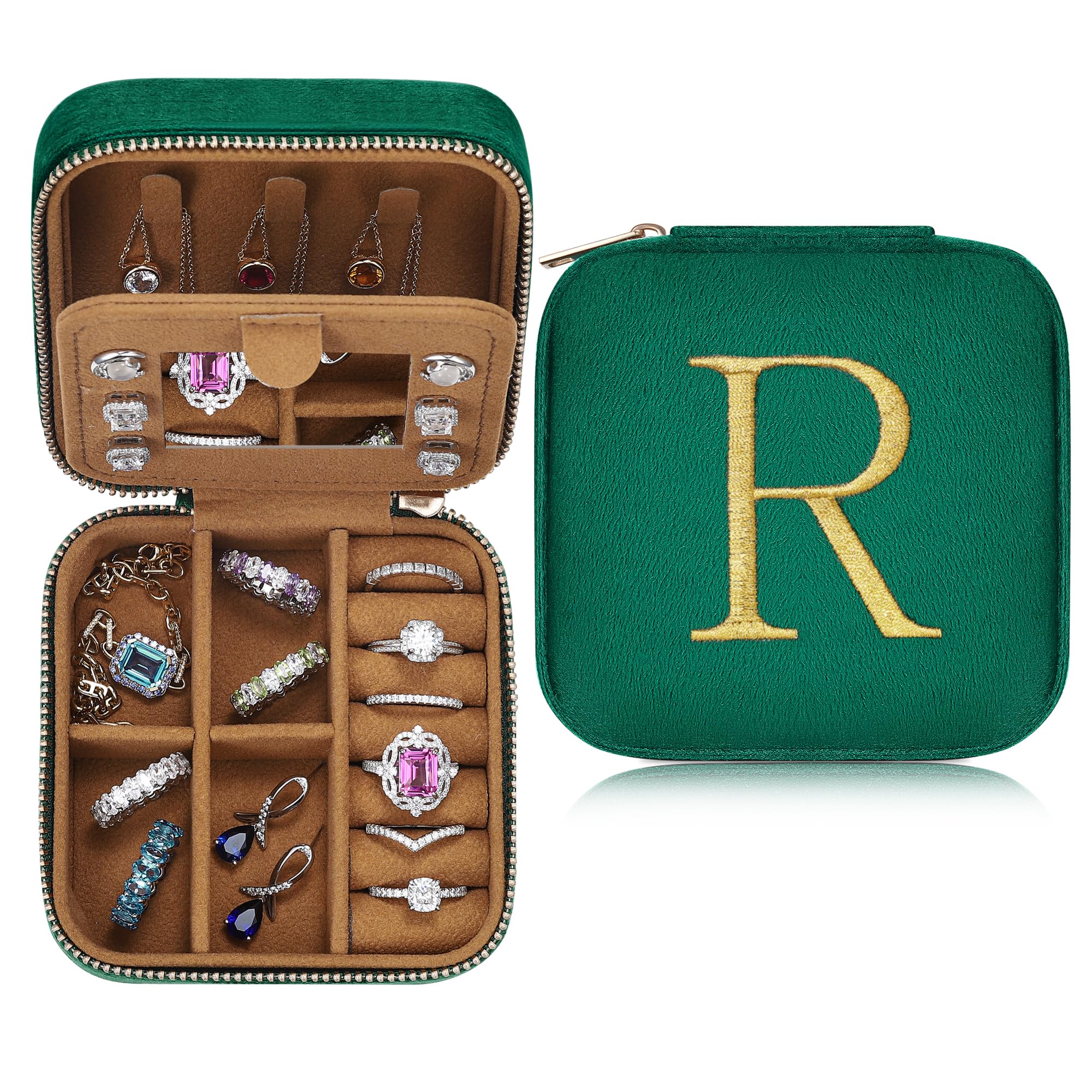 Parima Retirement Gifts for Women - Retirement Gifts for Women 2024, Happy Retirement Party Gifts, Plush Velvet Emerald-Green Travel Jewelry Case Jewelry Box - Letter R, Green
