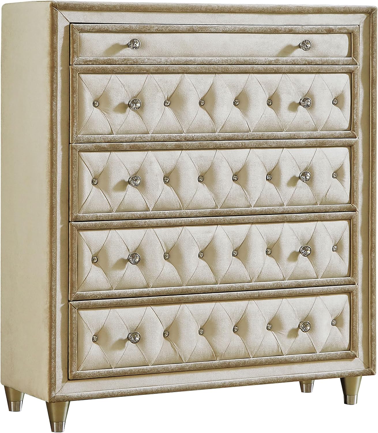 Coaster Home Furnishings Antonella Modern Classic Upholstered 5-Drawer Bedroom Chest of Drawers Chiffonier Clothing Storage Cabinet Bedroom Armoire Tall Dresser Organizer Unit Ivory and Camel 223525