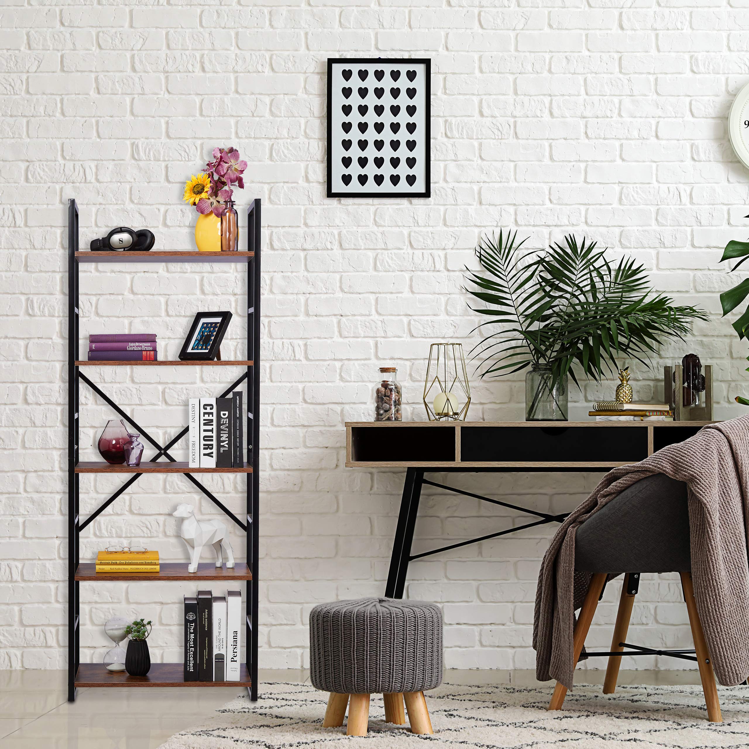 Relaxdays Estantería con 5 Baldas, Diseño Industrial, Librería Salón, 158,5 x 60 x 30 cm, MDF y Metal, Oficina y Despacho, Marrón y Negro