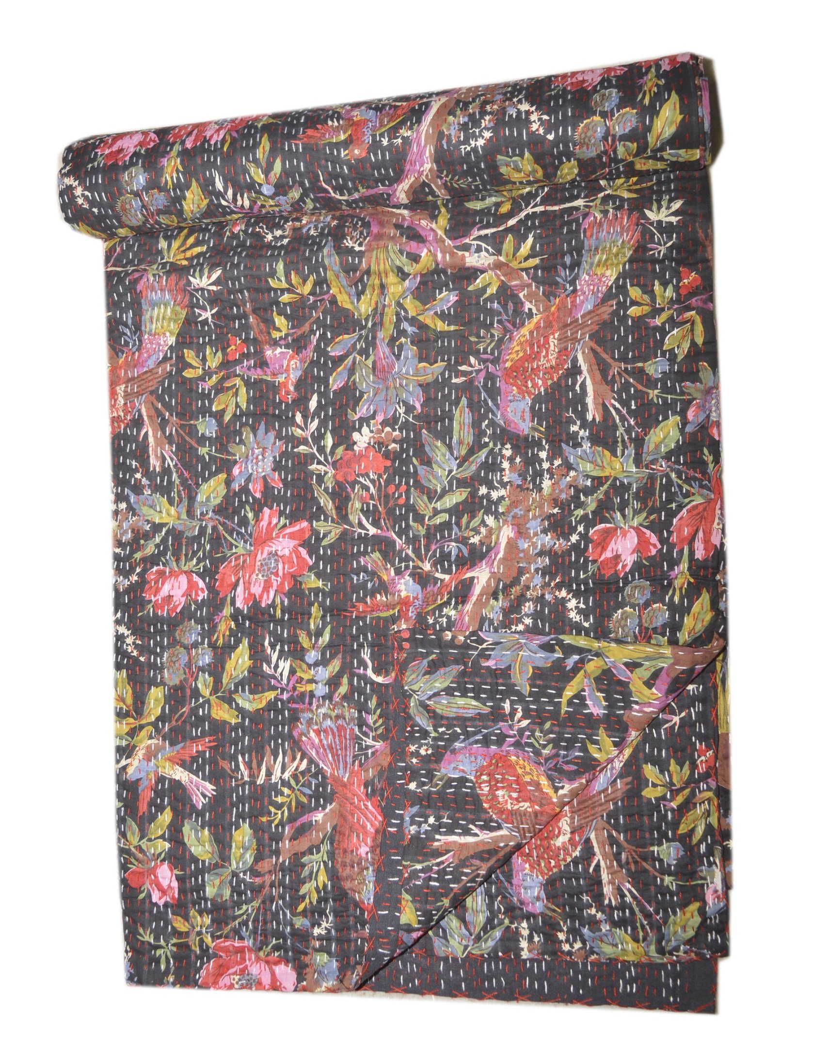 Tribal Asian Textiles Ethnic Bird Print Kantha Quilt Queen Indian Cotton Bedspread Boho Throw Blanket