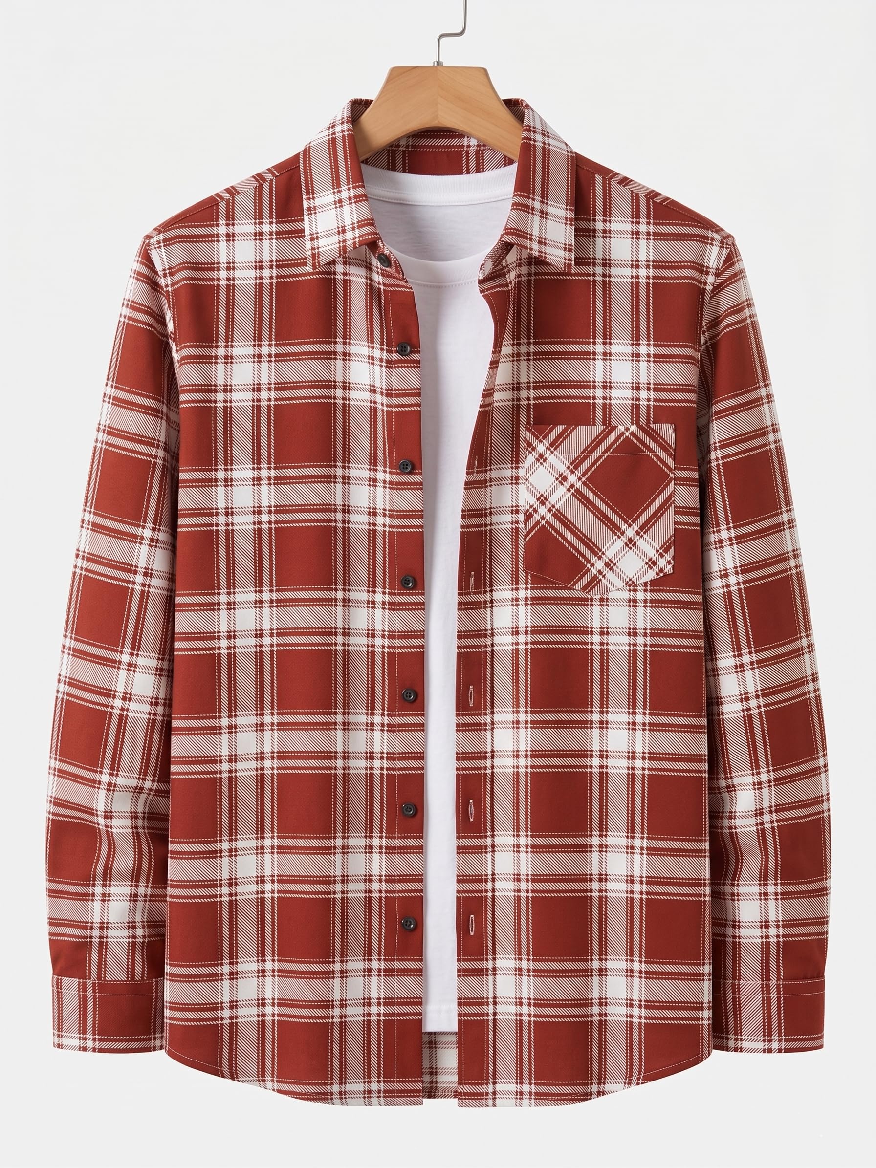 Men's Flannel Plaid Shirt, Brown and White, Full Sleeves, Casual Button-Up with Chest Pocket-picture-29