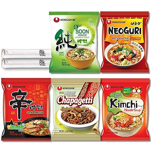 Ramen Fideos 5 sabores surtidos Combo – Shin Ramyun, Chapagetti, fideos Kimchi, fideos pronto (veganos), Neoguri – Paquete total de 5 (1 paquete