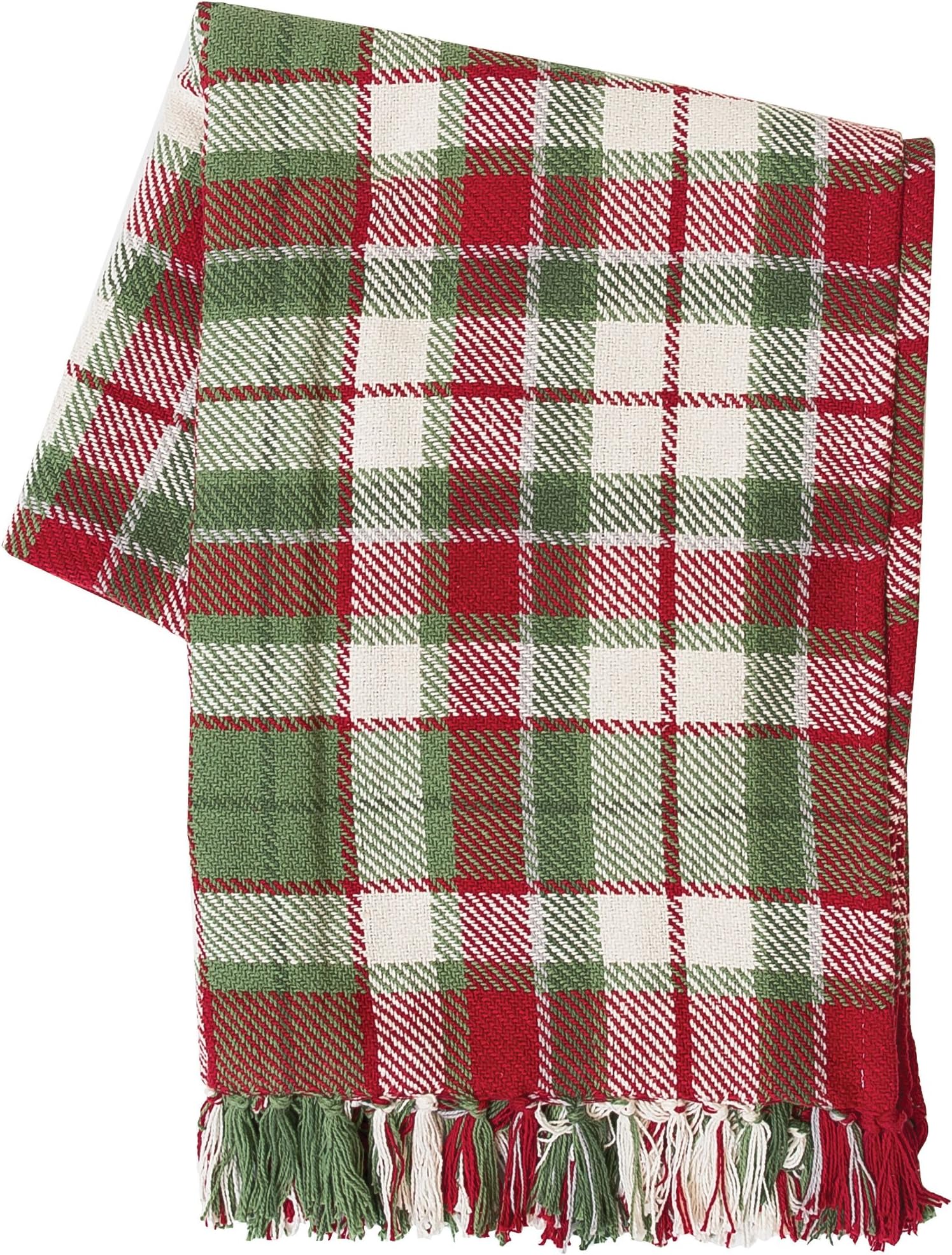 Owen Plaid Christmas Throw Blanket - 50x60 Inch, Cotton, Fringe Trim, Machine Washable - Cozy Holiday Sofa & Bed Blanket In Green