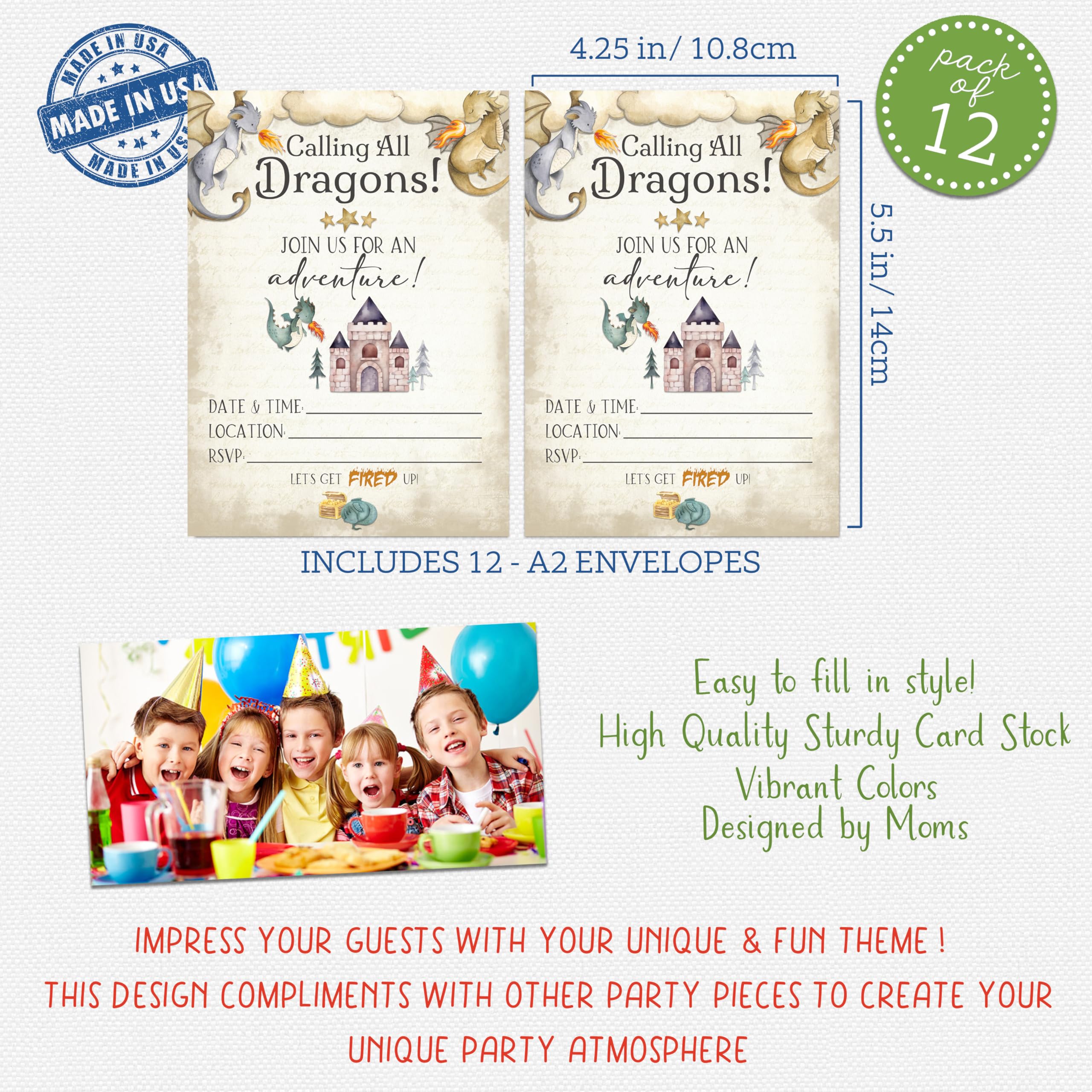 Silly Goose Gifts Calling All Dragons Themed Kids Party Supply Set Invitation Pack with Envelopes - Join Us For An Adventure