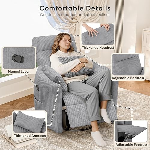 Miniatura 5 de Flamaker Silla reclinable giratoria con masaje por vibración, silla reclinable mecedora con 2 almohadas, cómodas sillas individuales con bolsillos