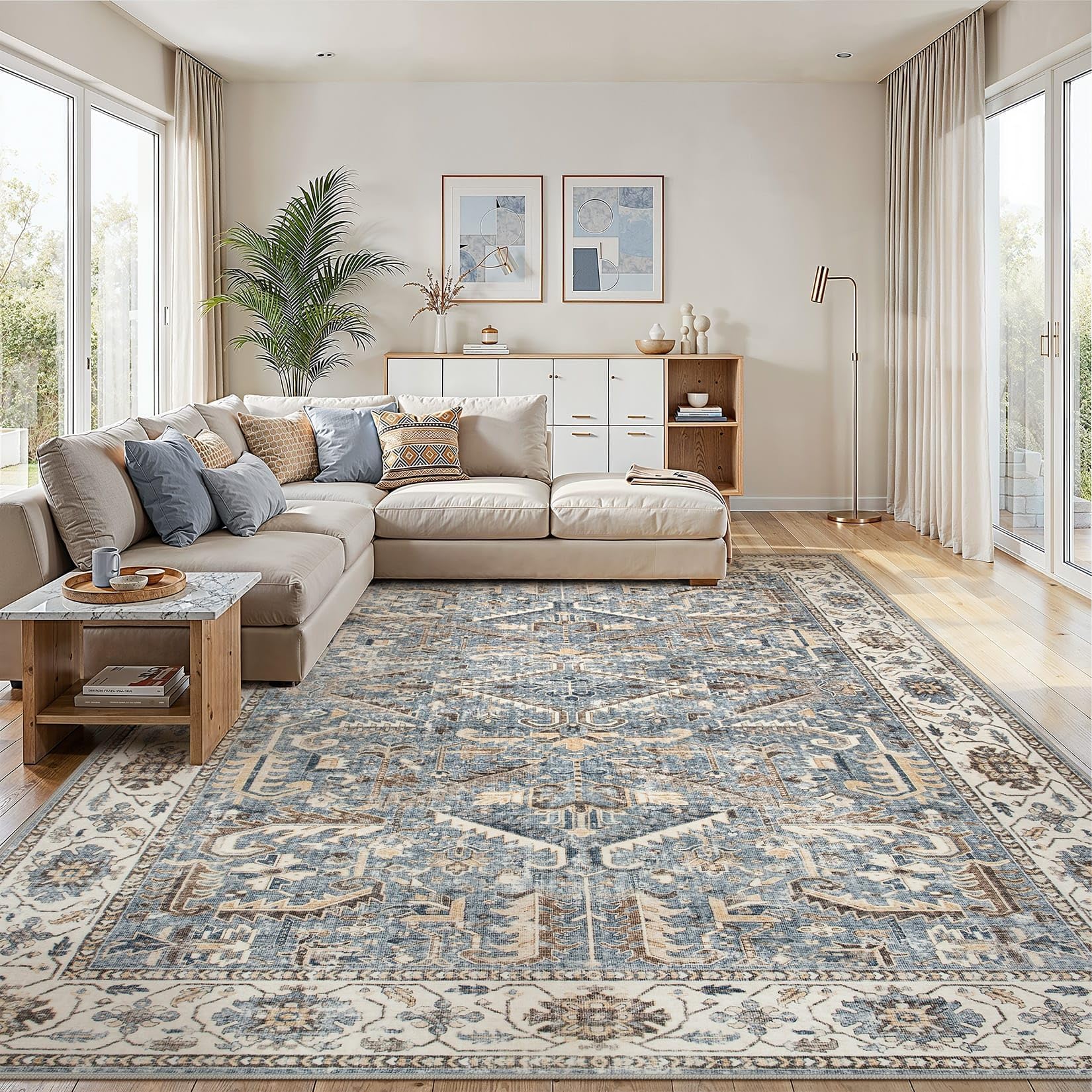 ZUNTKON 12x15 Vintage Blue Washable Area Rug