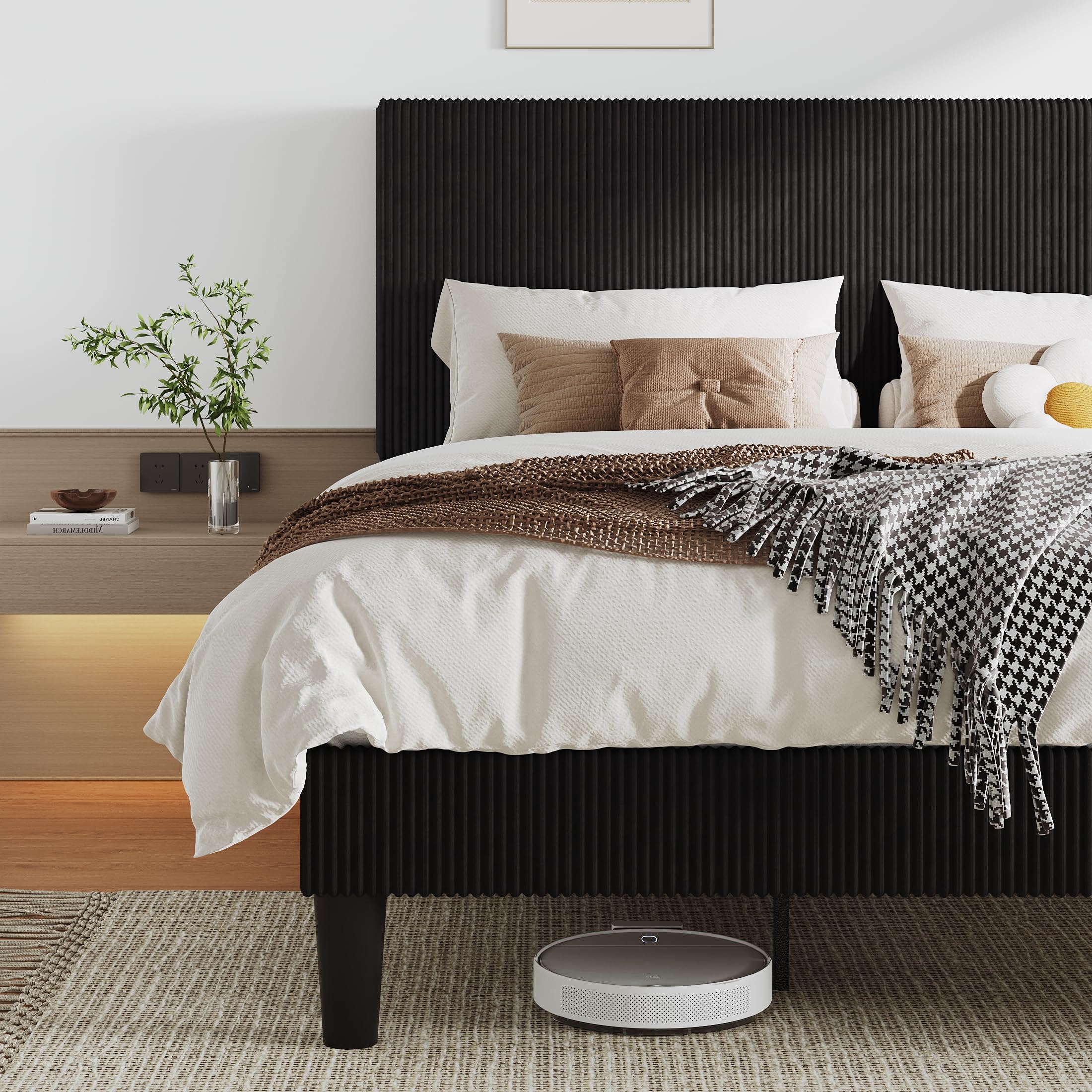 Allewie King Size Upholstered Bed Frame with Vertical Channel Tufted Headboard Soft Corduroy Fabric Platform Bed Strong Wooden