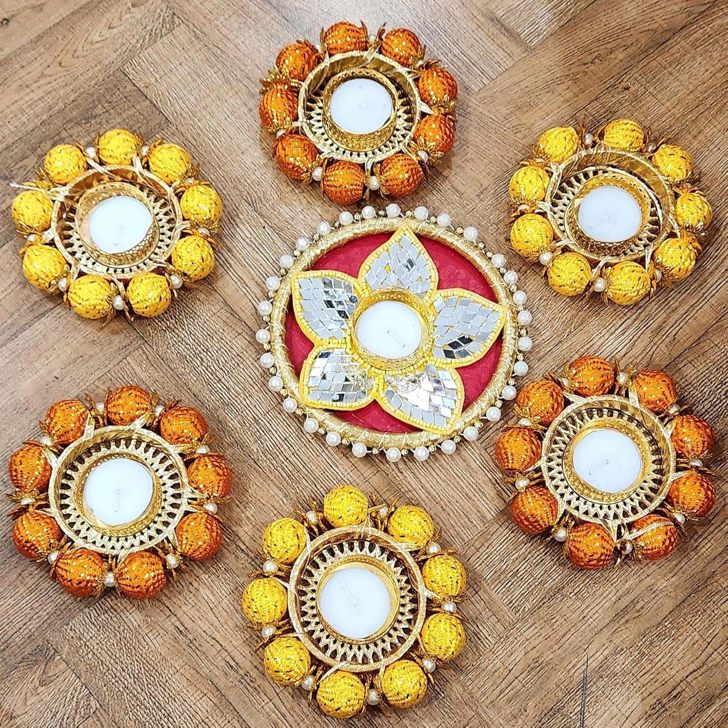 Handmade Tea Light Candle Holders| Rangoli | Set of 7 Candle Holders|Diwali Decorations for Home |Floor Decorations|Diwali diyas|Diwali Candles (Lotus Tea Light Rangoli)