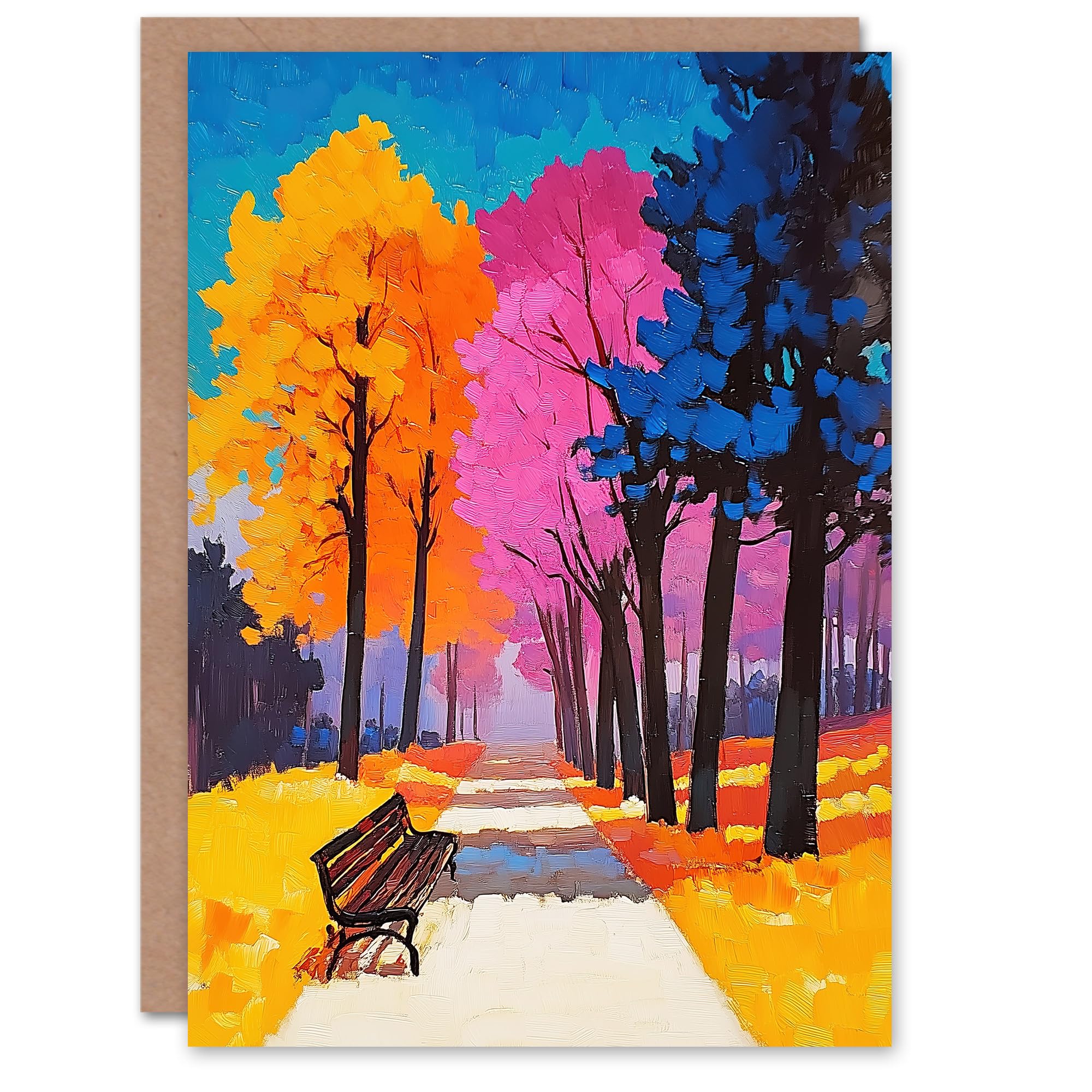 Artery8 Greeting Card Park Bench Colourful Tree Path Vibrant Landscape Blank For Him Or Her Art Birthday Card