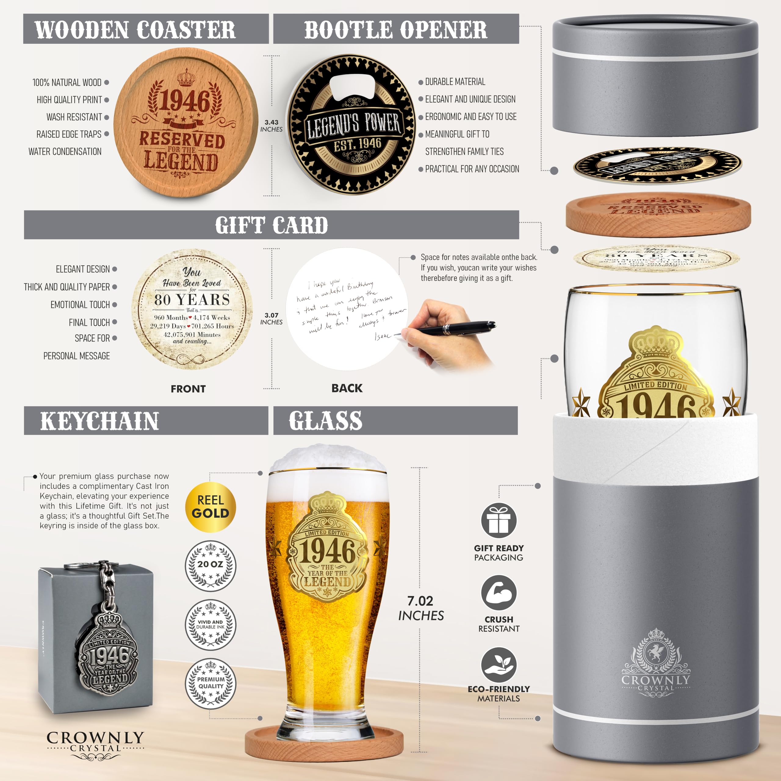 CROWNLY CRYSTAL® Gepersonaliseerde Cadeaus Voor Mannen Bierglazen Herengeschenken Voor Hem Cadeau Voor Vriend Pint Opa Verjaardagscadeaus Voor Vader Oom Geschenken Voor Broer Geschenken Voor (M