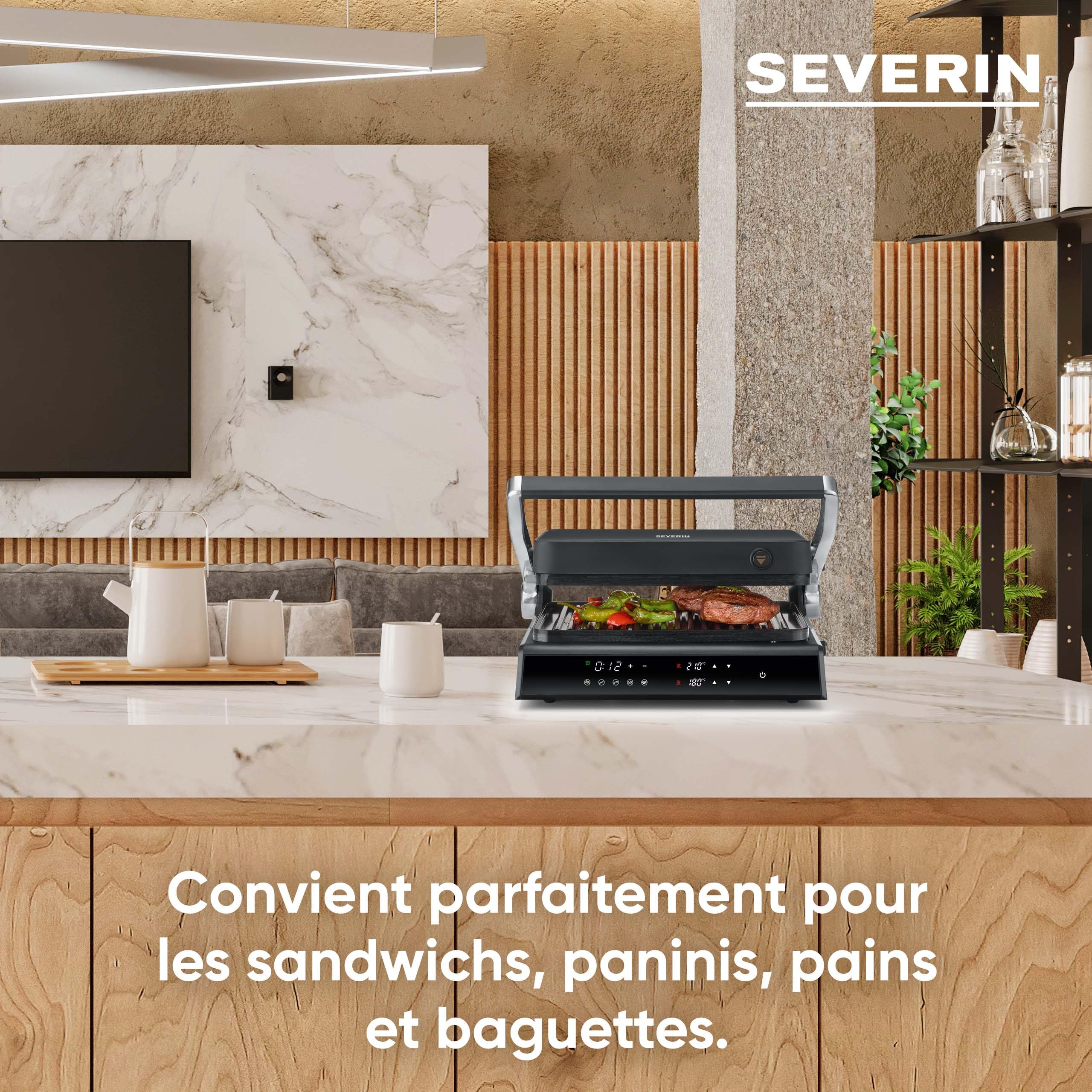 SEVERIN SEVINI COMFORT Multi-gril viande 5 programmes, Gril avec fonction plancha, Gril électrique multifonction pour légumes, steaks et paninis, Plaques avec revêtement céramique, Noir/Inox, KG 2399
