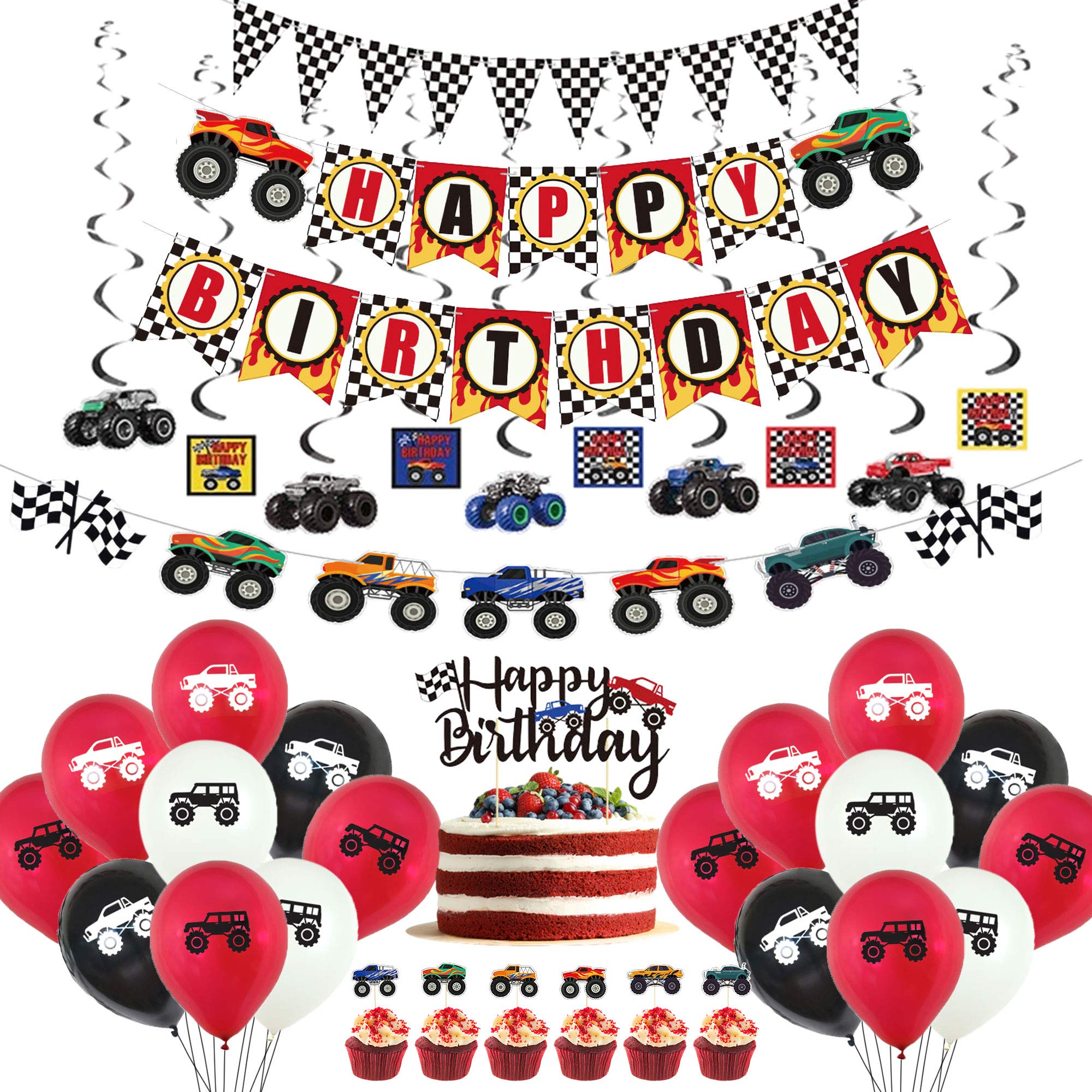 Monster Truck Birthday Supplies Happy Birthday Banner with Truck Theme Balloons,Cake Topper and Cupcake Toppers