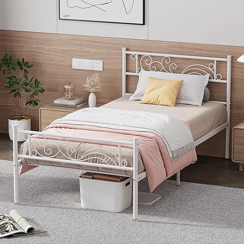 Miniatura 8 de Weehom Marco de cama individual, plataforma de metal, listones de acero resistente, almacenamiento debajo de la cama para niños, color rosa