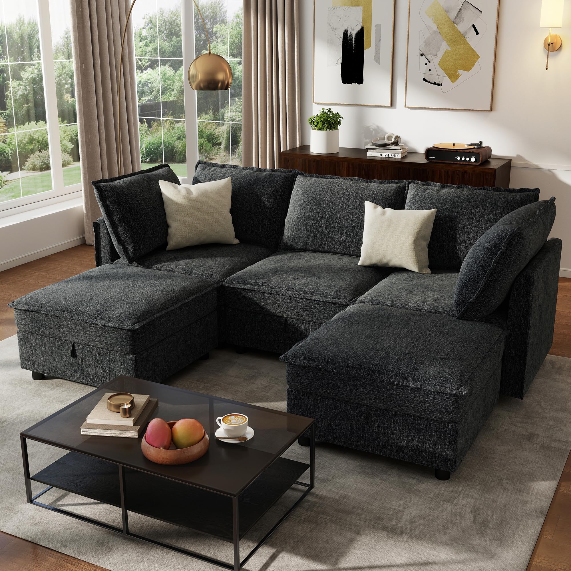 Ihanherry 97 2 Modular Sectional Sofa with Storage U Shaped Modern Sofa for Living Room 4-Seat Chenille Fabric