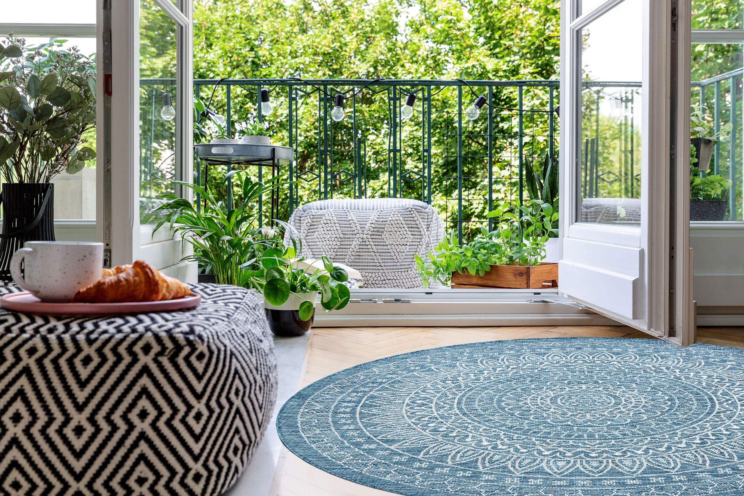 Nowoczesny dywan sizalowy Loft, dywan sznurkowy do salonu, sypialni, na taras, do kuchni, rozety w stylu boho, kolor kości słoniowej, srebrny, niebieski, okrąg, 160 cm