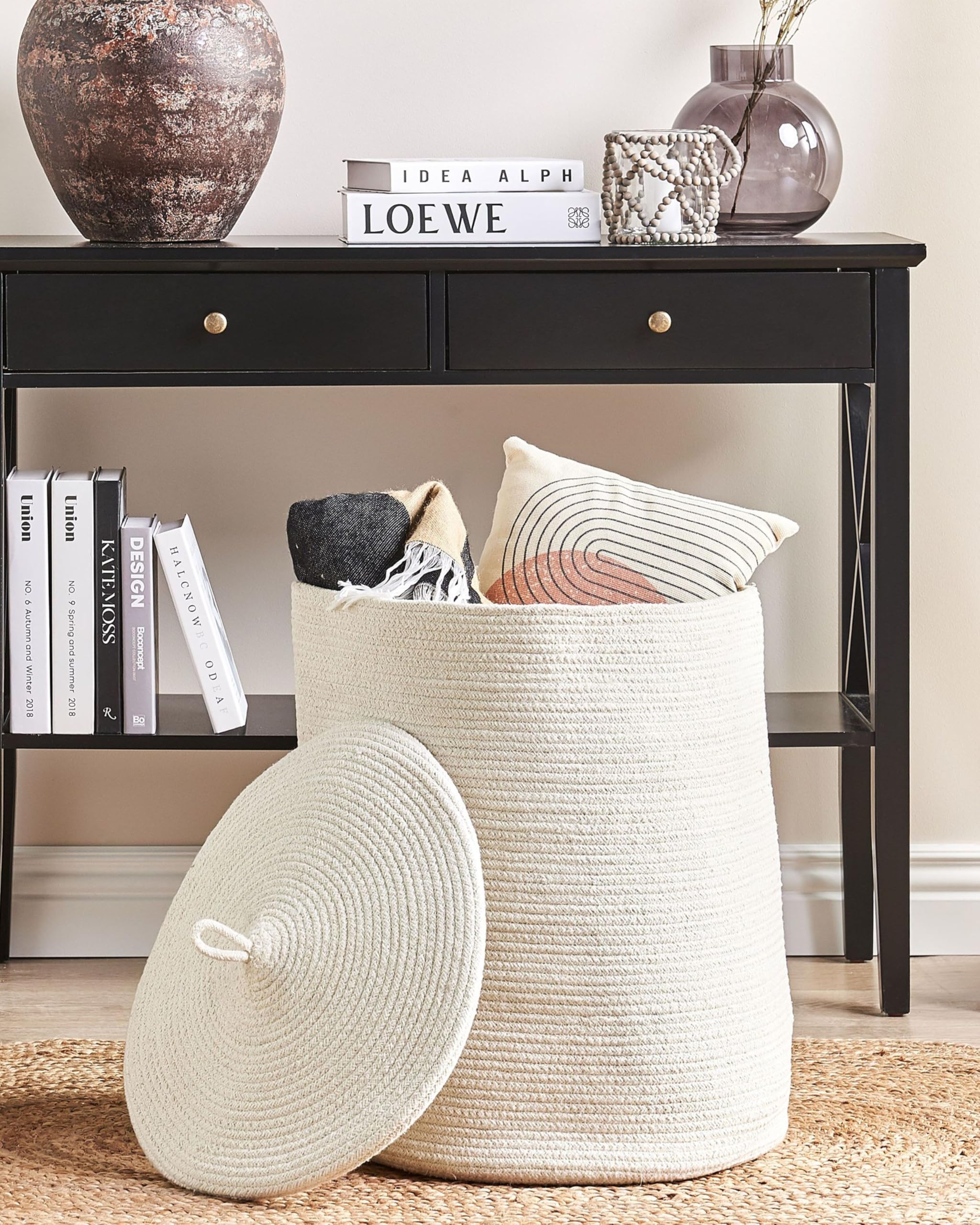 Korb Baumwolle cremeweiß geflochten mit Deckel Boho-Design Silopi