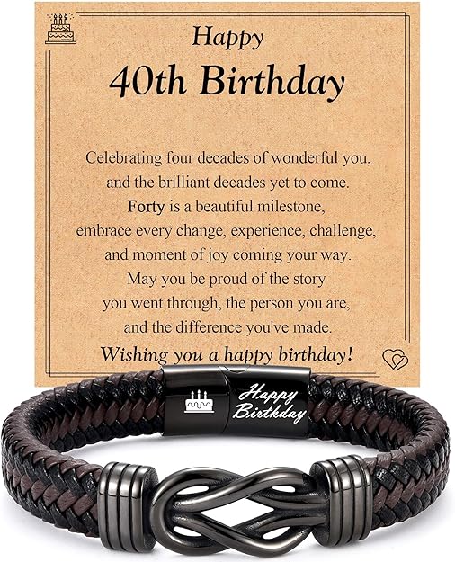 12th-40th Birthday Gift for Boys Him Men, Leather Knot Bracelet Gifts for 12 13 16 18 Year Old Boys Son Grandson Nephew Friend with Birthday Card