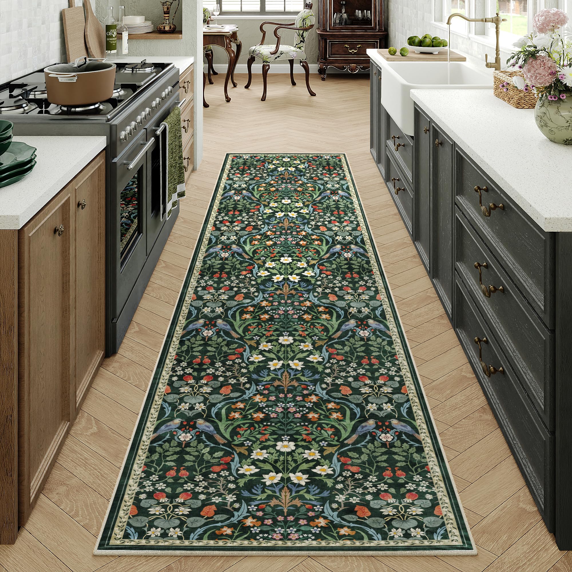 PureCozy LäUfer Flur Teppich 60x240cm Blumenmuster kurzflor rutschfest Weich Retro Waschbarer Teppiche für Küchen Hallway Bettvorleger Schlafzimmer Wohnzimmer Carpet, Grün