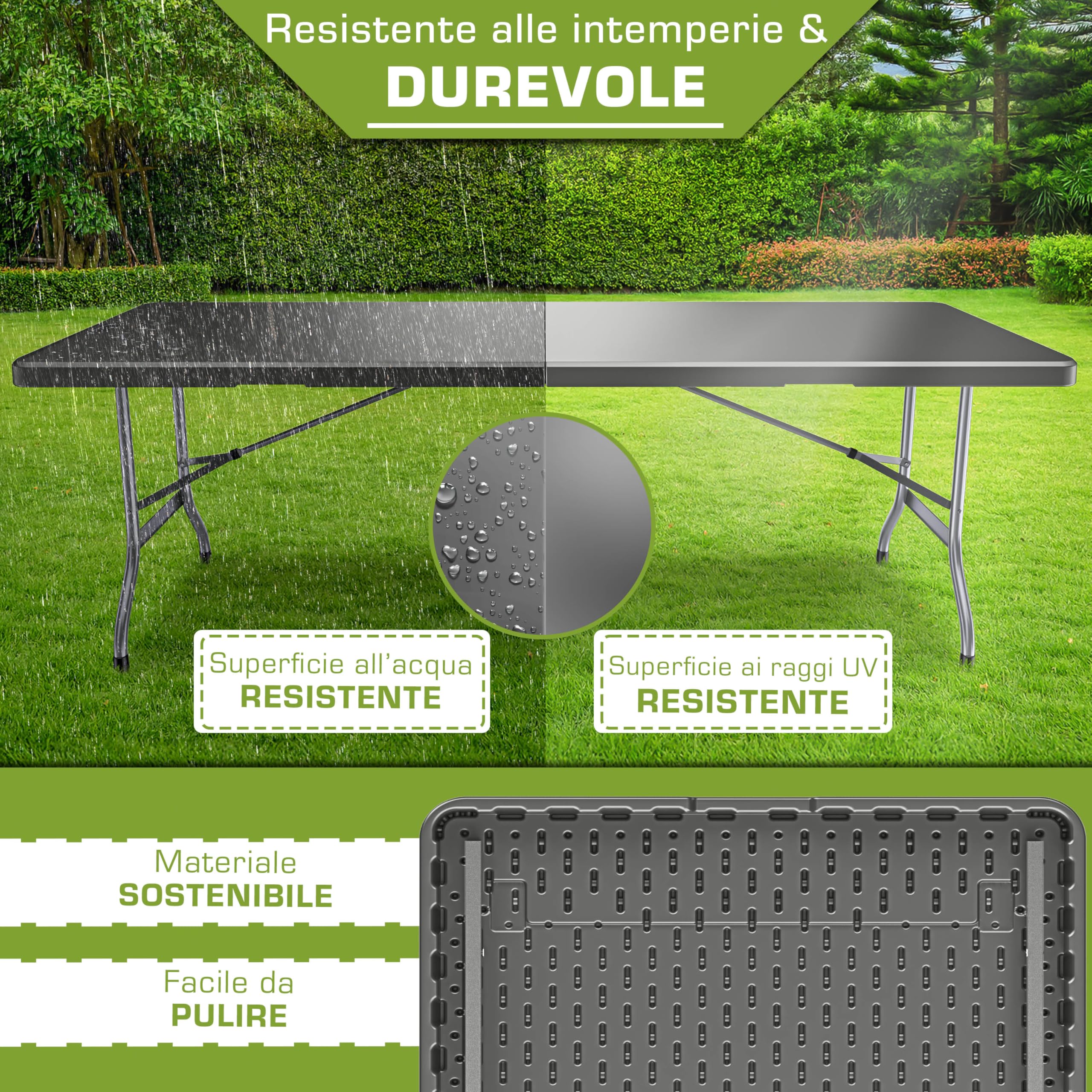 tillvex Tavolo da giardino pieghevole 180x75cm plastica