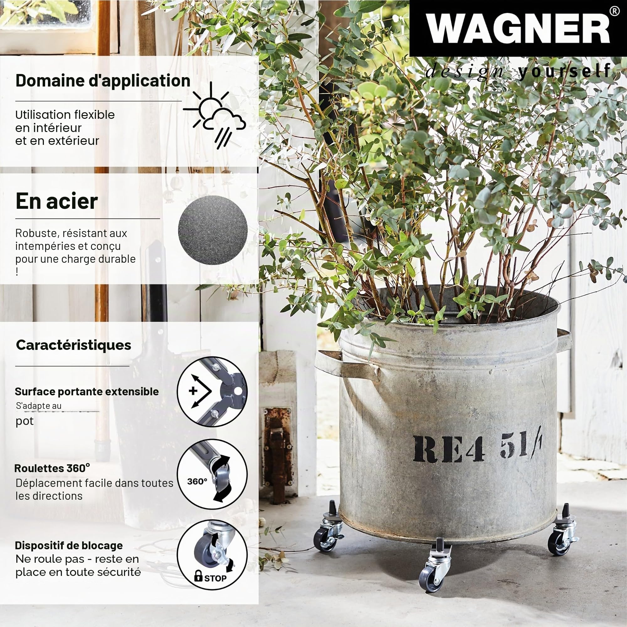 Wagner Support à roulettes pour Pot de Fleur Sun City Basic Surface Disponible 32-46 x 6 cm I Extensible en continu, 2 Freins I en Acier I intérieur + extérieur I Capacité de Charge 100 kg- 20082701