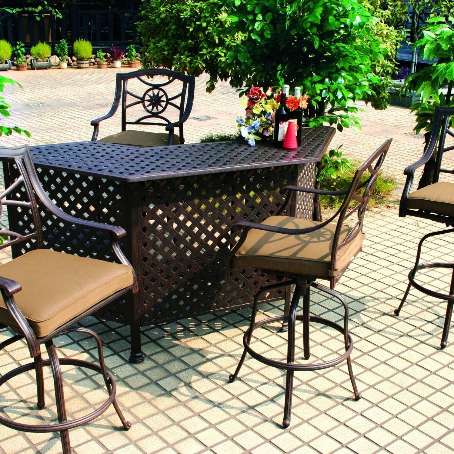 Darlee Ten Star 5 Piece Cast Aluminum Patio Party Bar Set with Swivel Bar Stool